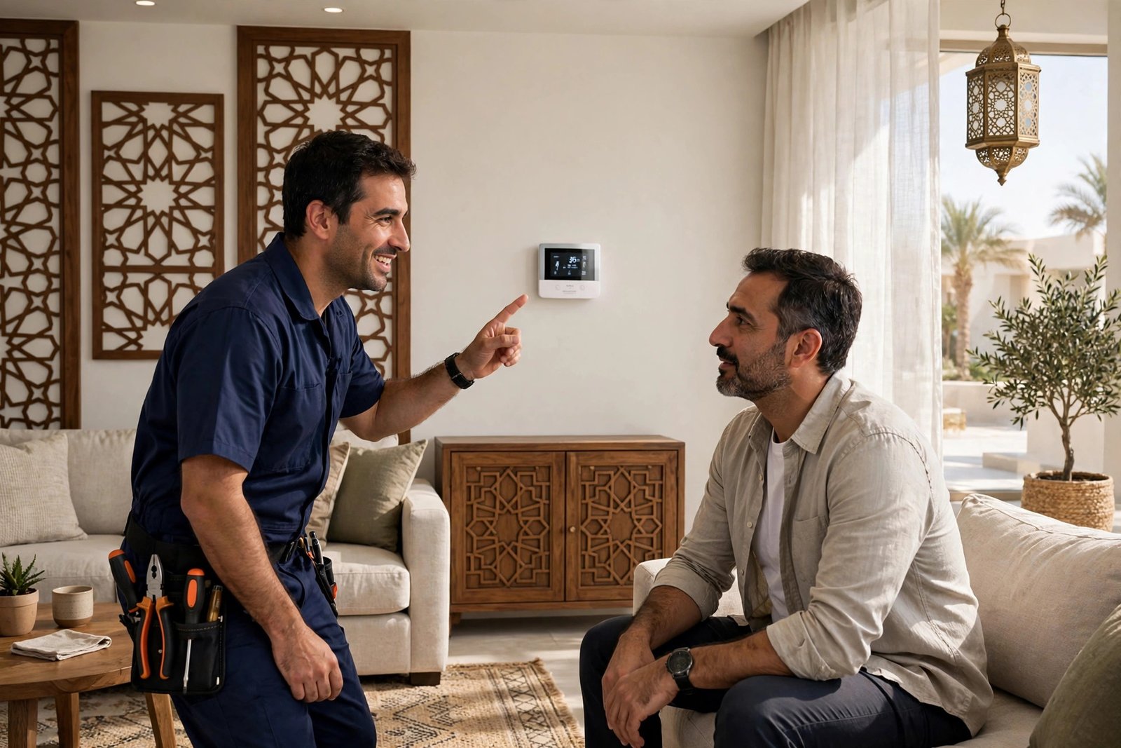 Technician explaining a new thermostat to a homeowner, ac thermostat replacement cost riyadh service