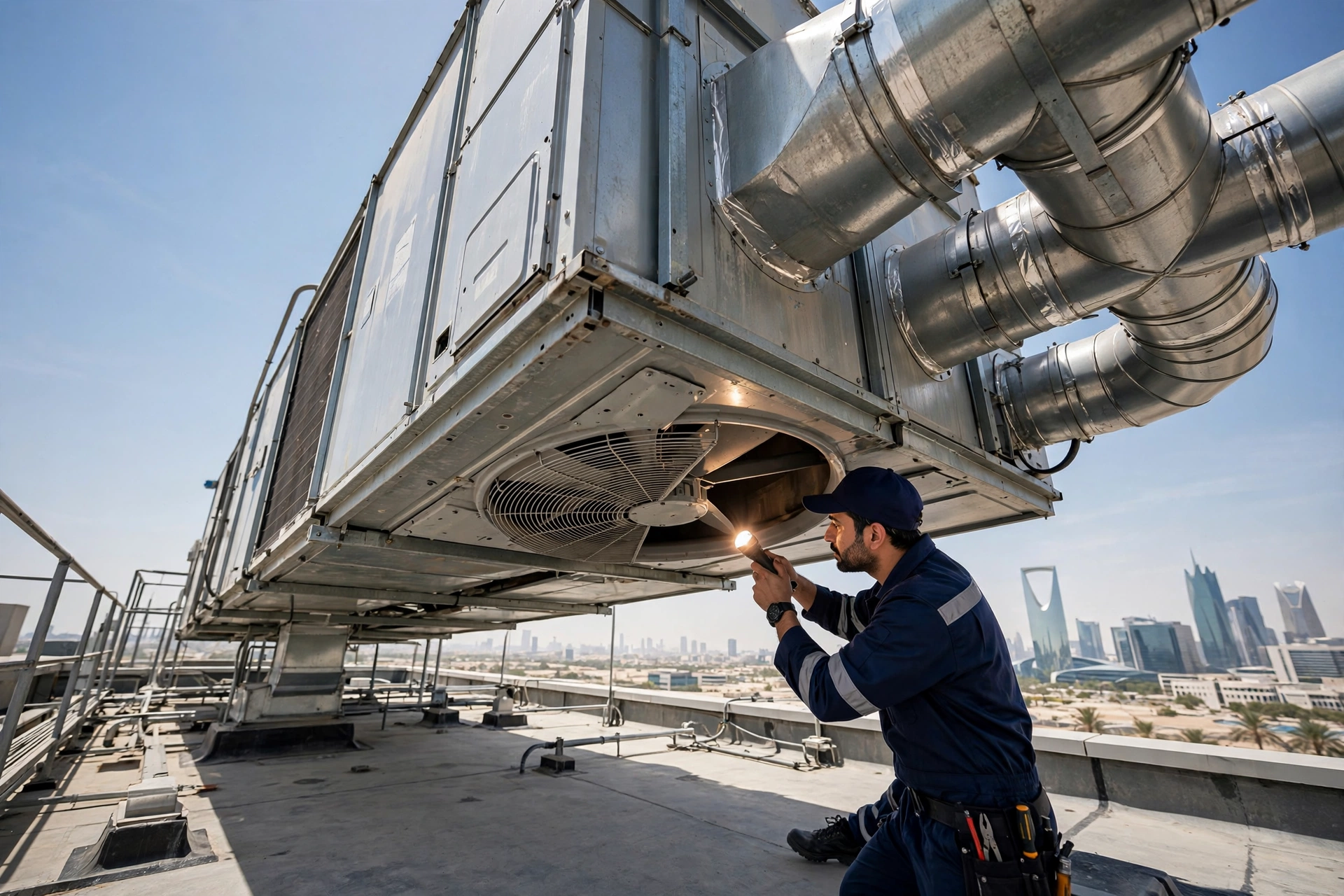 Package AC units pros: rooftop package AC unit with ductwork on a Riyadh office building, inspected by a technician