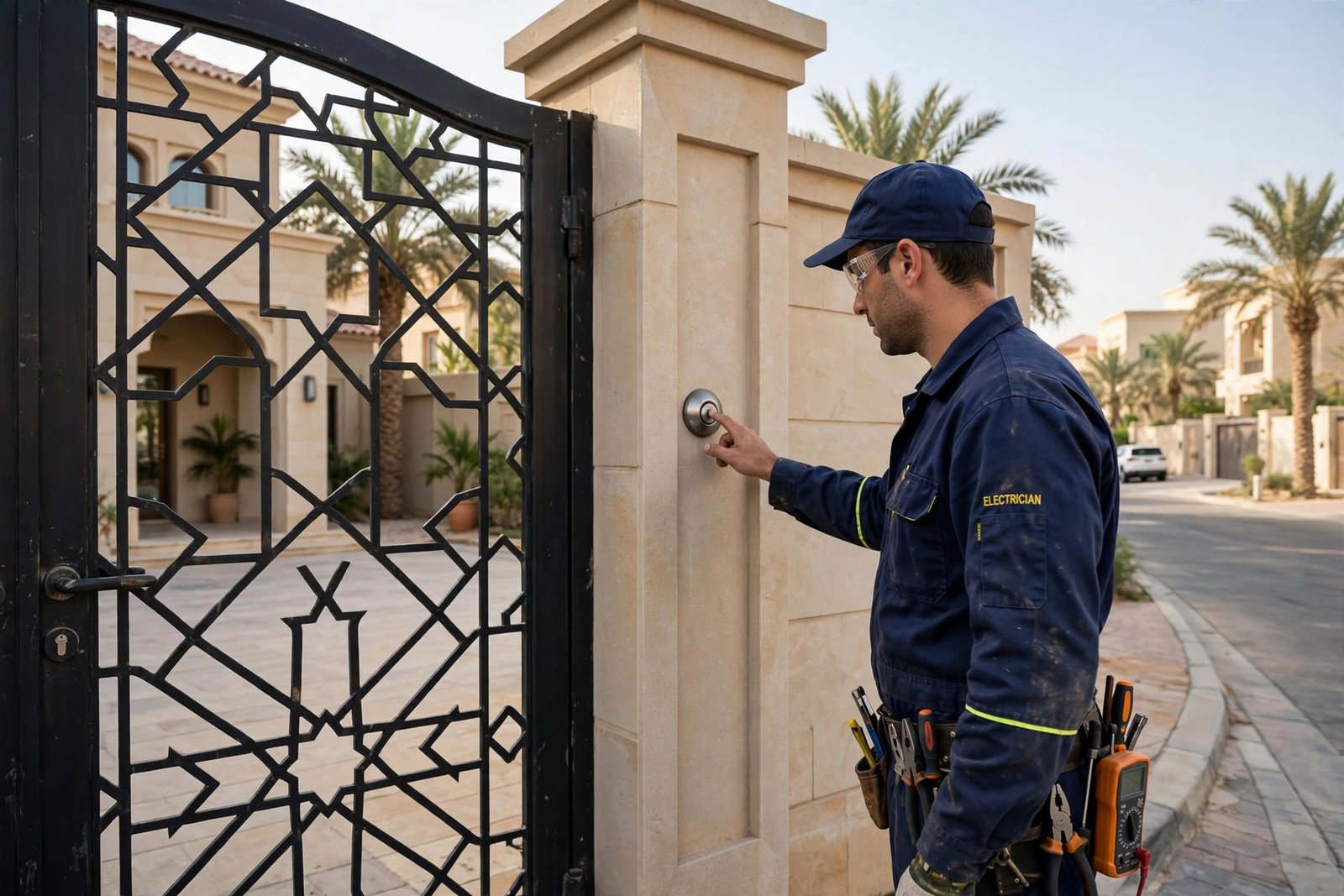 Electrician testing a villa gate doorbell button in Riyadh after a doorbell transformer replacement