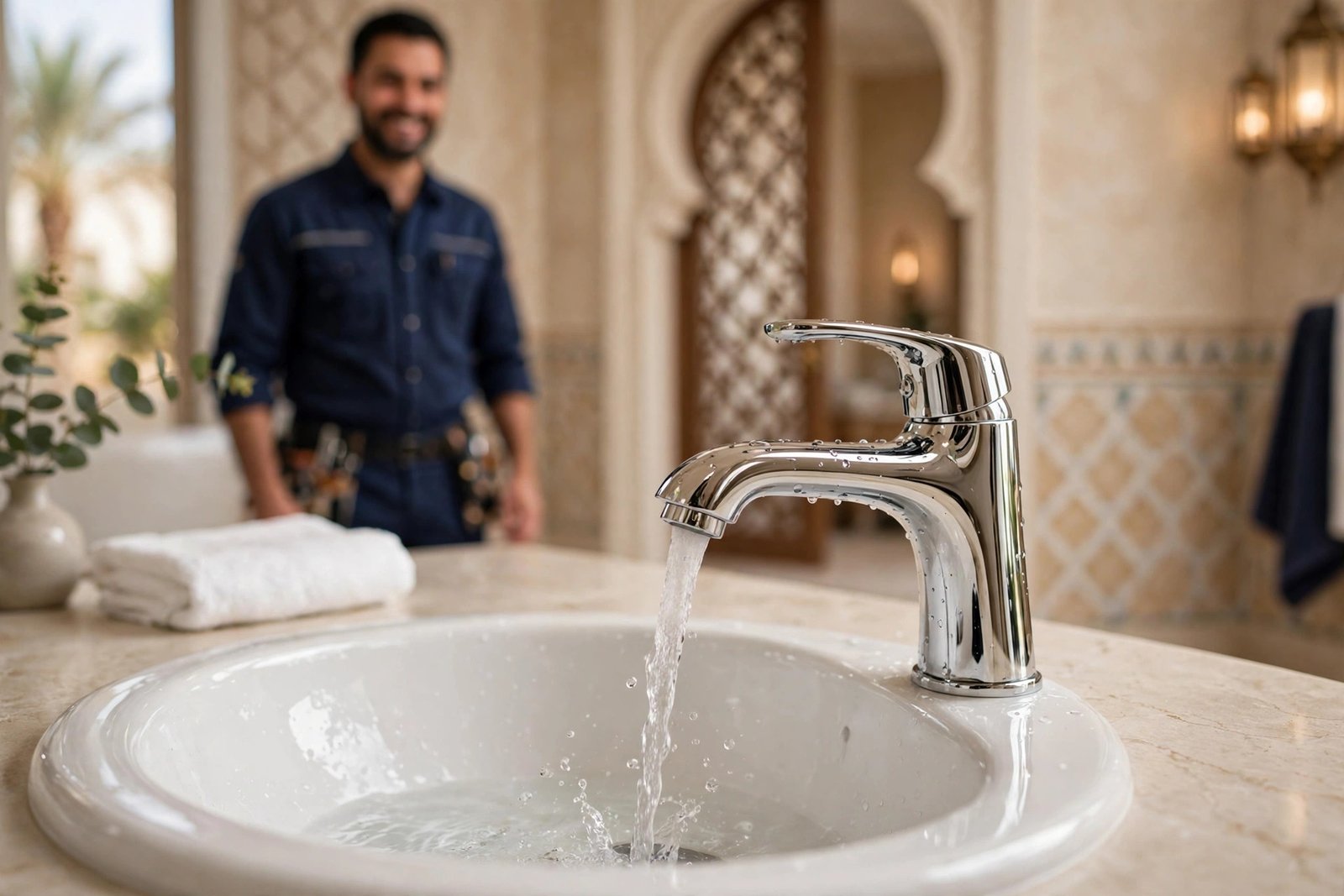 completed washbasin mixer replacement steps: new chrome mixer tap running water into a washbasin in a Riyadh villa bathroom