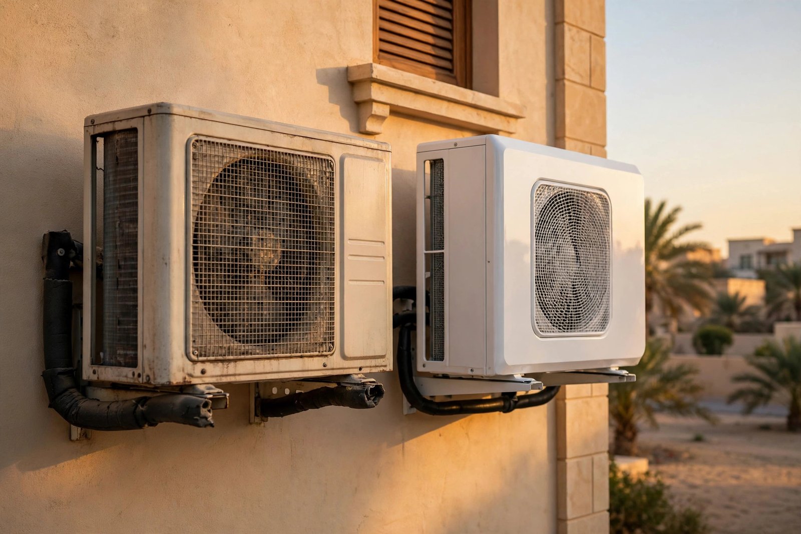 Old and new inverter vs non inverter split ac units side by side on a Riyadh villa wall