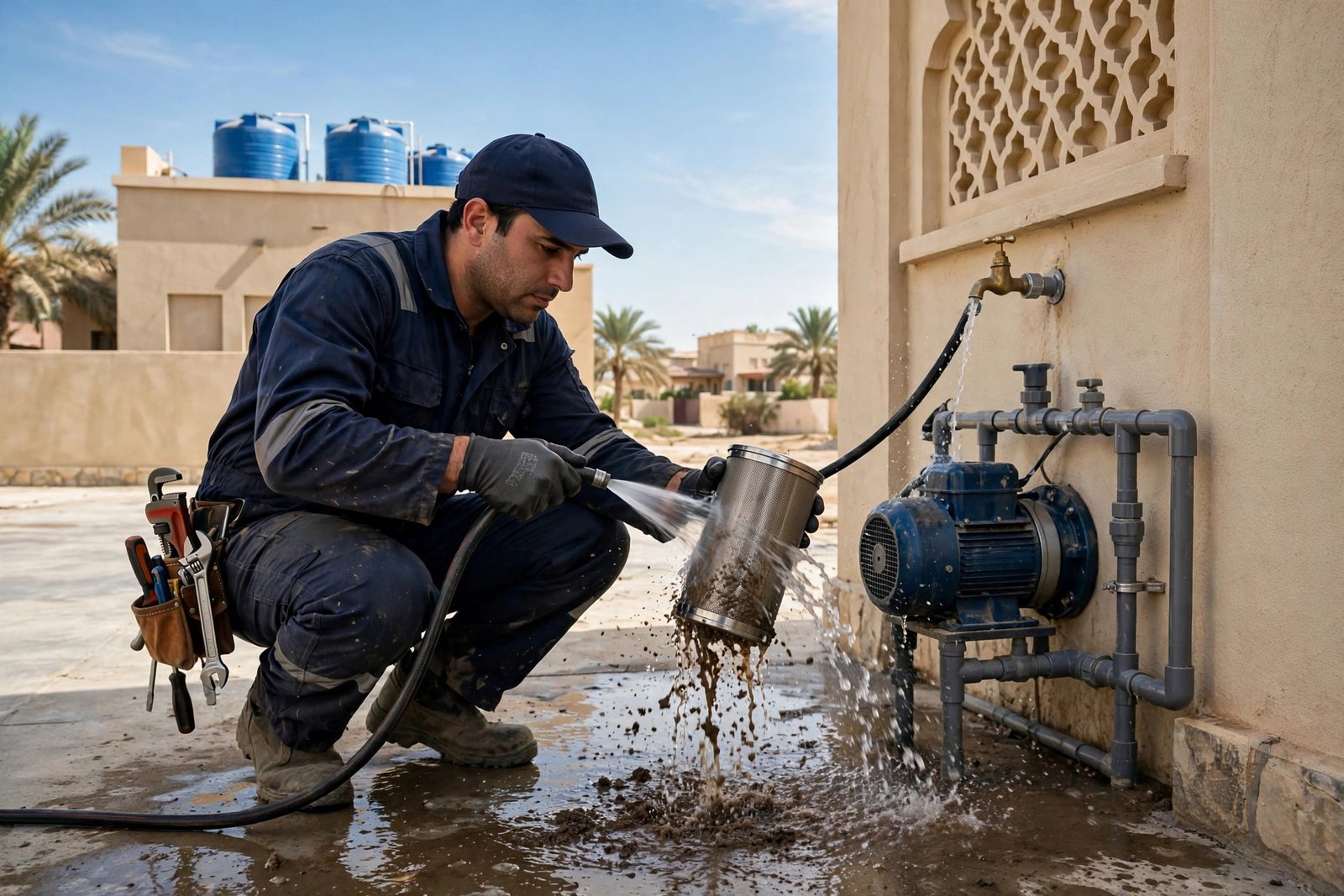 Cleaning the inlet filter of a water booster pump not working in a Riyadh home