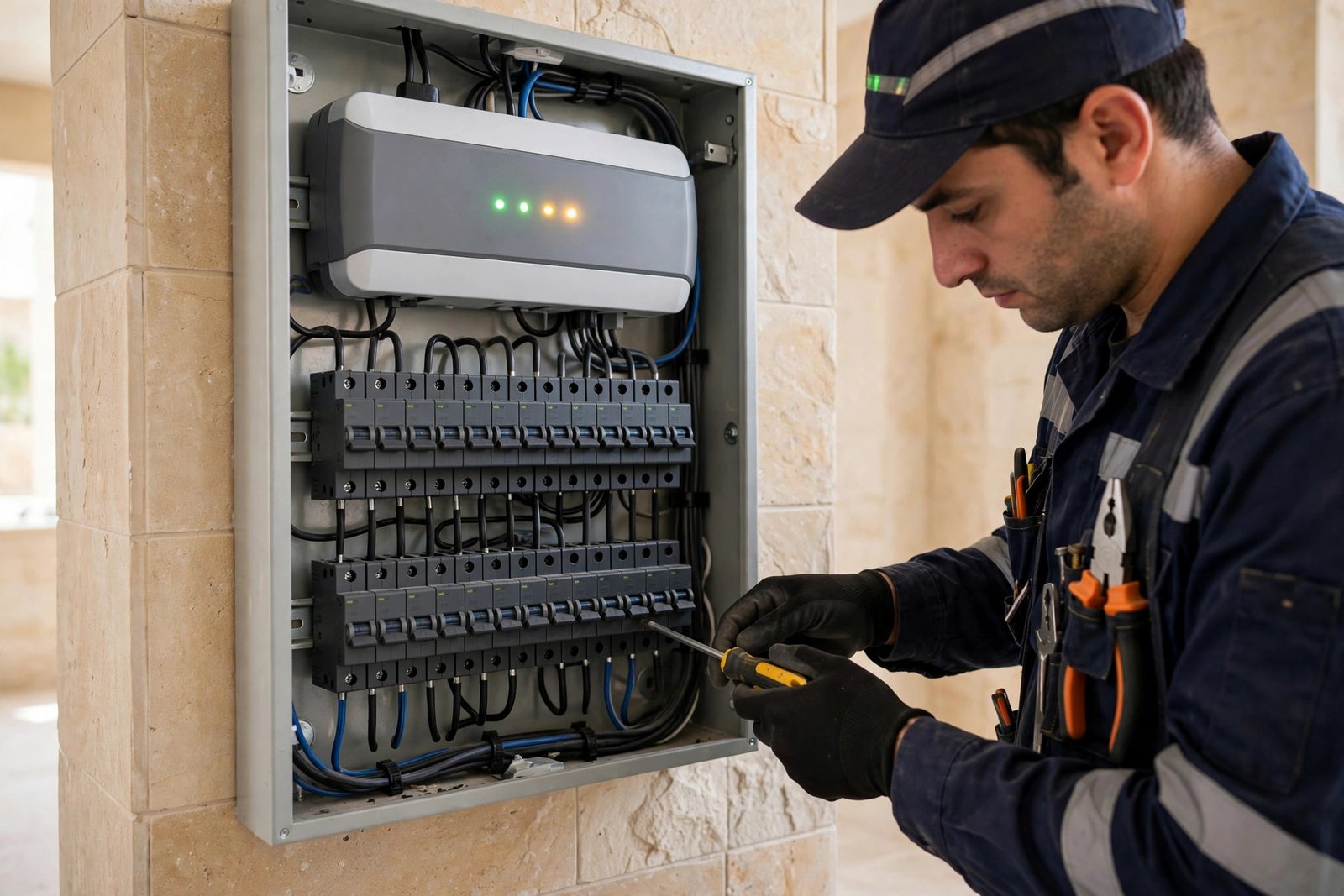 Whole villa surge protection unit with indicator lights mounted beside circuit breakers in a Riyadh home