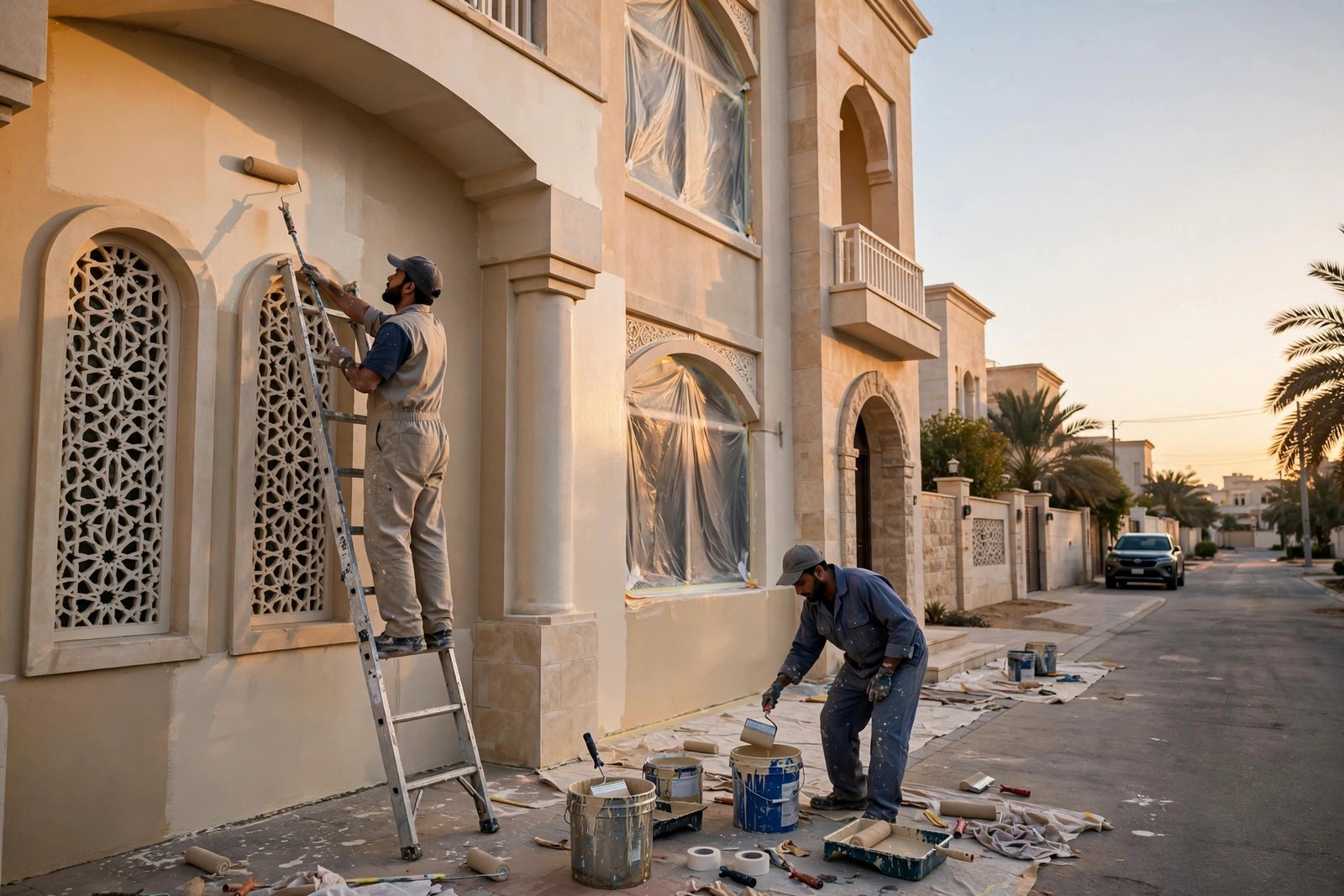 Professional painters painting villa facade in Riyadh, Jotun vs Asian Paints brand choice