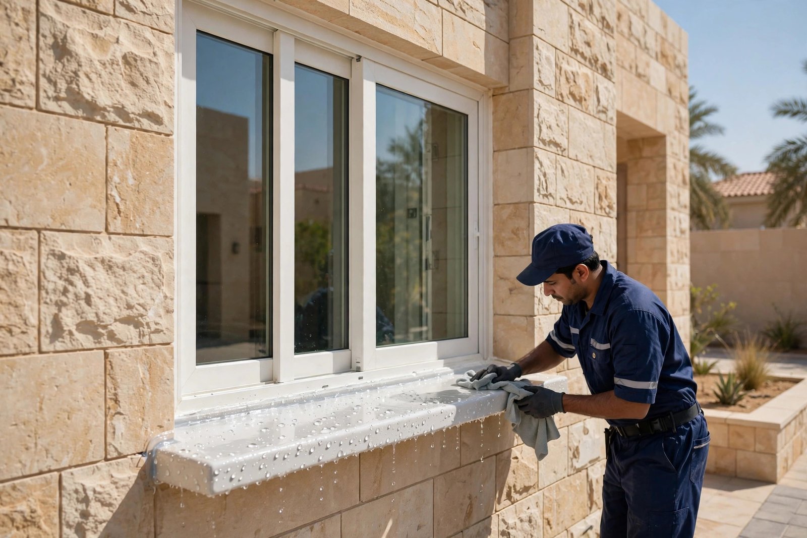 Freshly sealed window sill after professional window sill leakage sealing in Riyadh