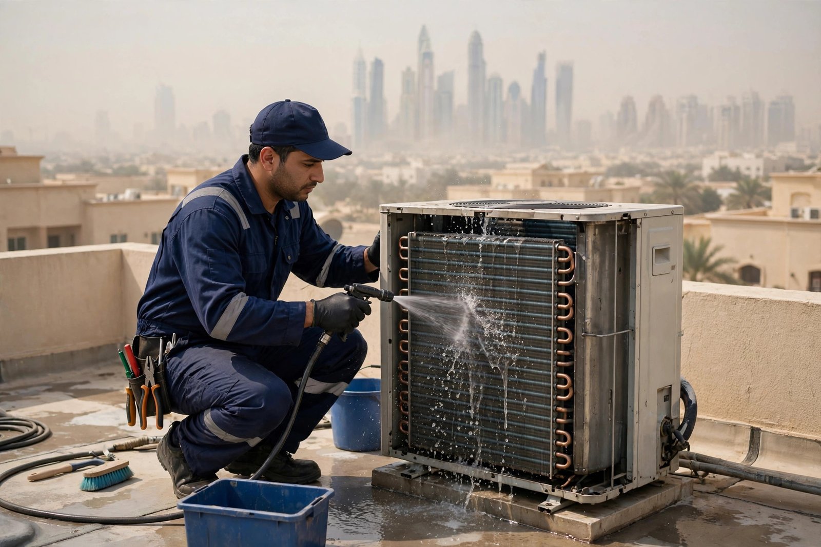 Rinsing rooftop package AC unit coils, commercial ac coil cleaning Riyadh