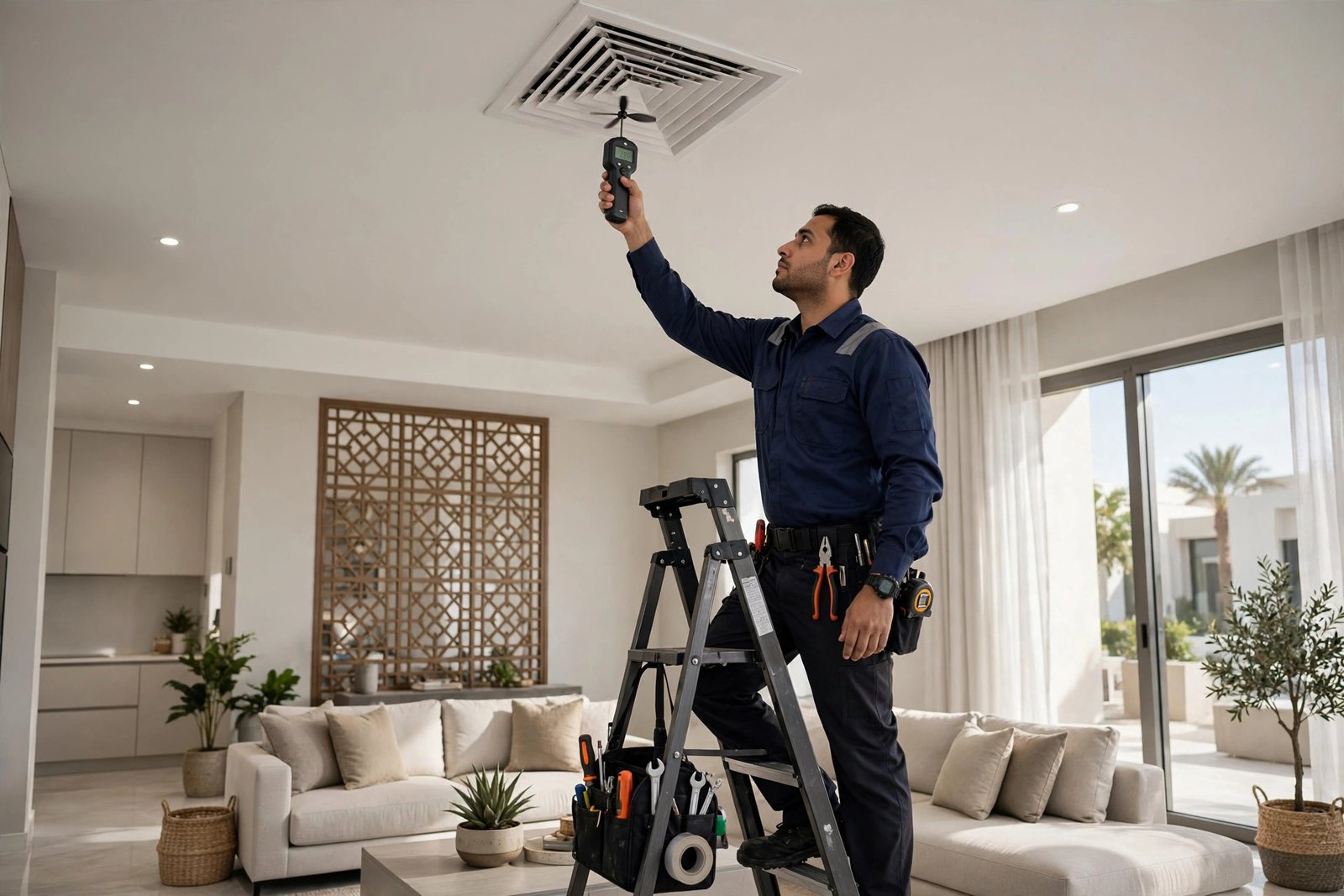 Technician measuring vent airflow with a digital anemometer to finalize a duct repair vs replacement recommendation