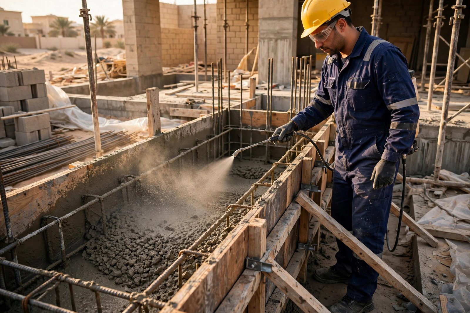 Crystalline basement waterproofing methods: admixture sprayed into basement wall formwork during construction