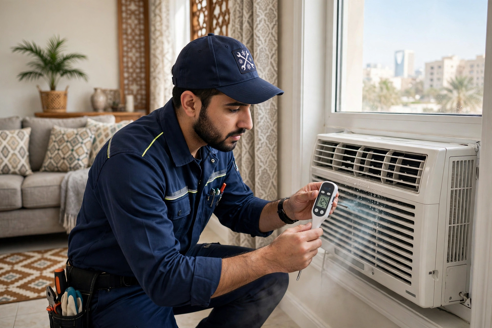 technician testing cold airflow after completing a window AC repair in Riyadh