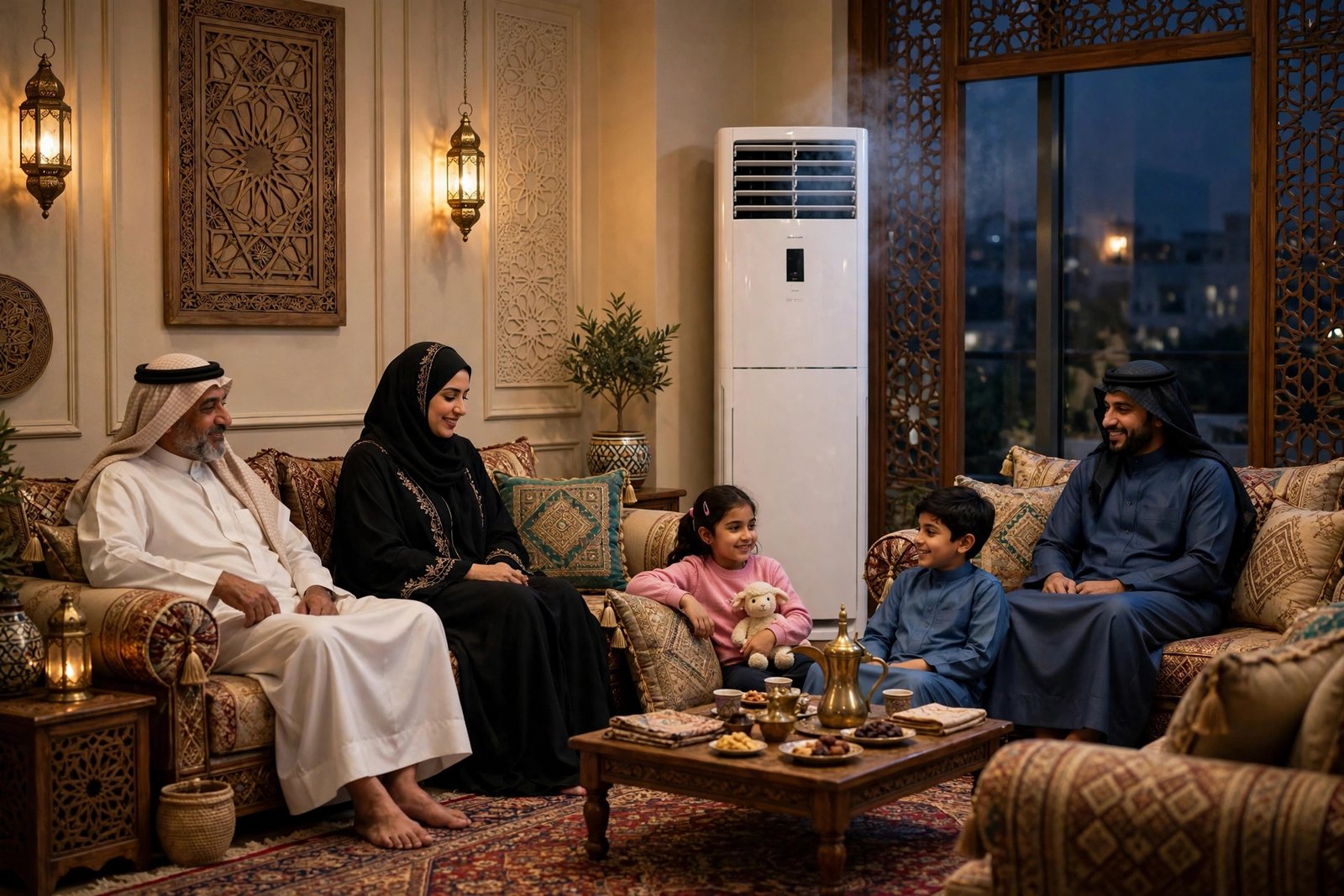 Saudi family enjoying a cool majlis evening cooled by a floor standing AC in Riyadh