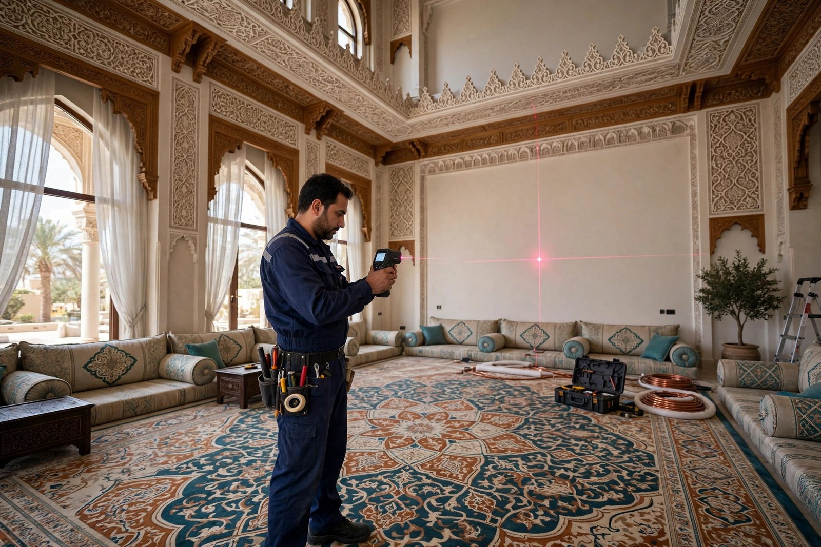 split ac tonnage size guide: laser room measurement in a Riyadh villa majlis before installation