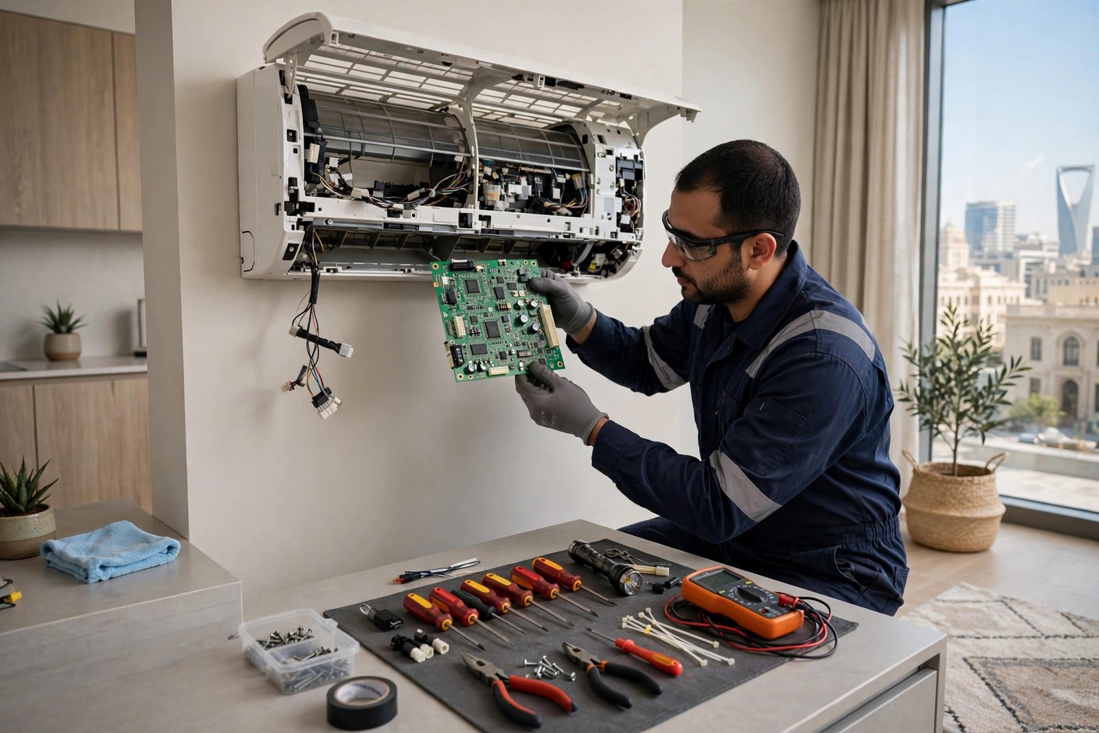 Technician replacing a faulty control board after AC PCB failure signs diagnosis