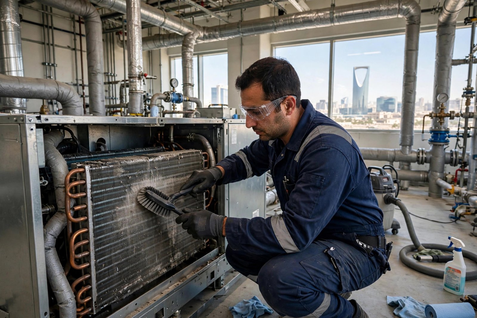 Coil cleaning step of an AHU maintenance checklist on a commercial air handling unit in Riyadh
