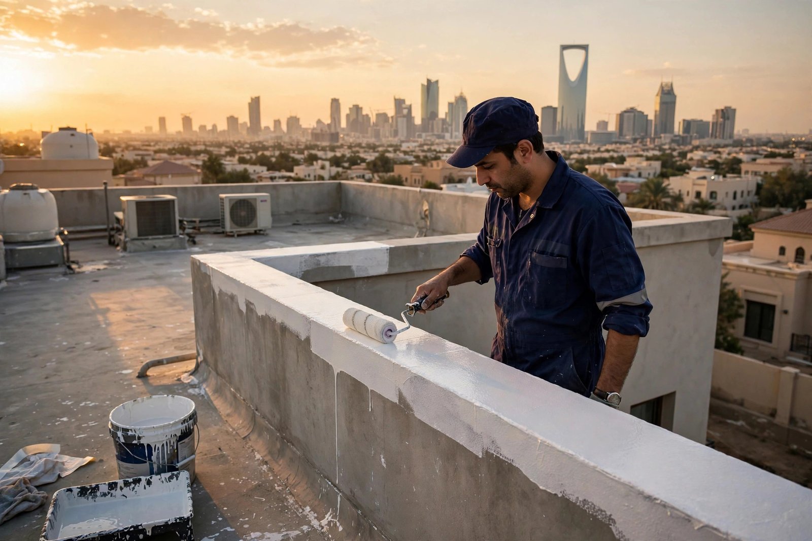 Painter applying heat reflective roof paint along a villa roof parapet at sunset in Riyadh