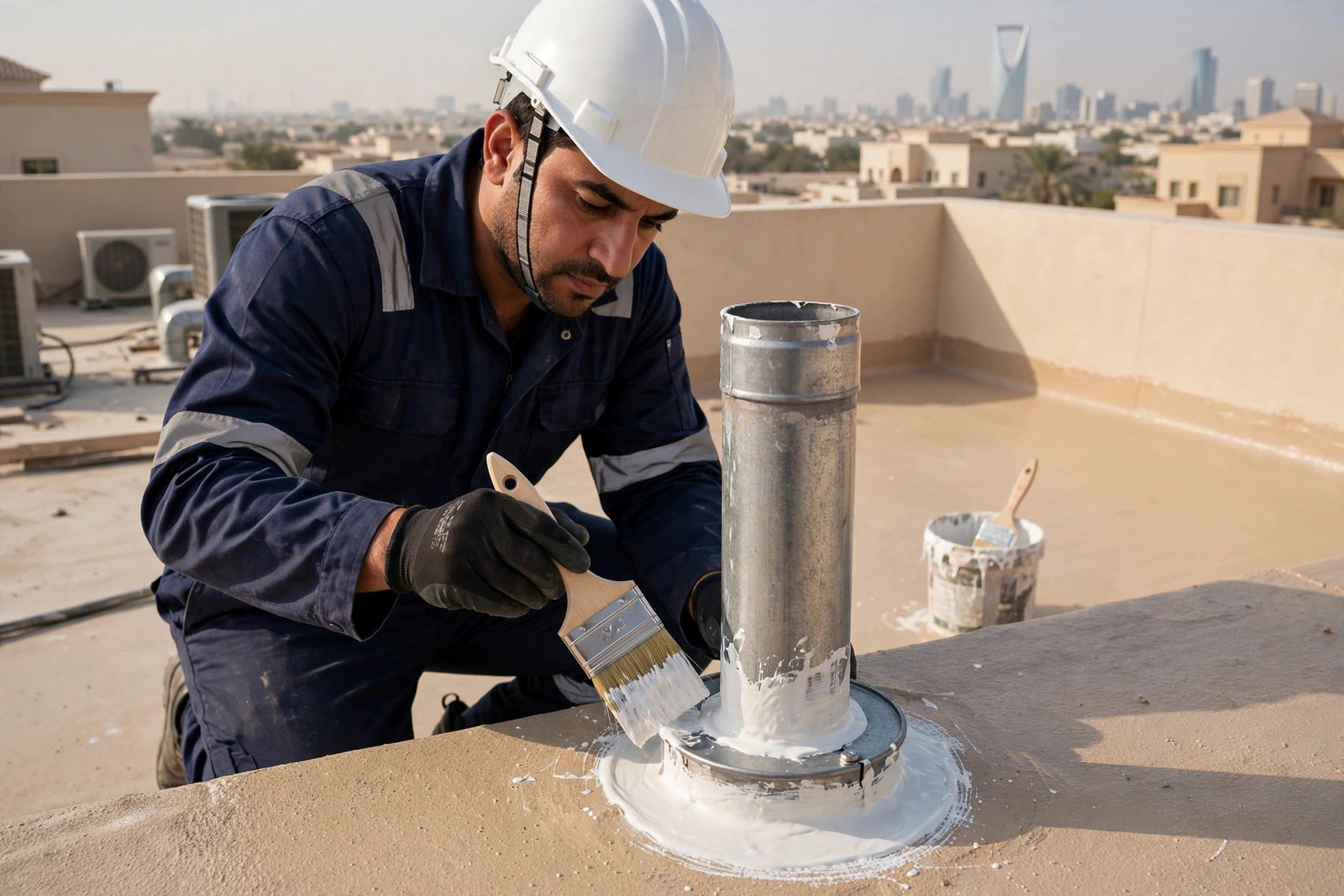 Liquid waterproofing sealant applied around roof pipe flashing detail in Riyadh