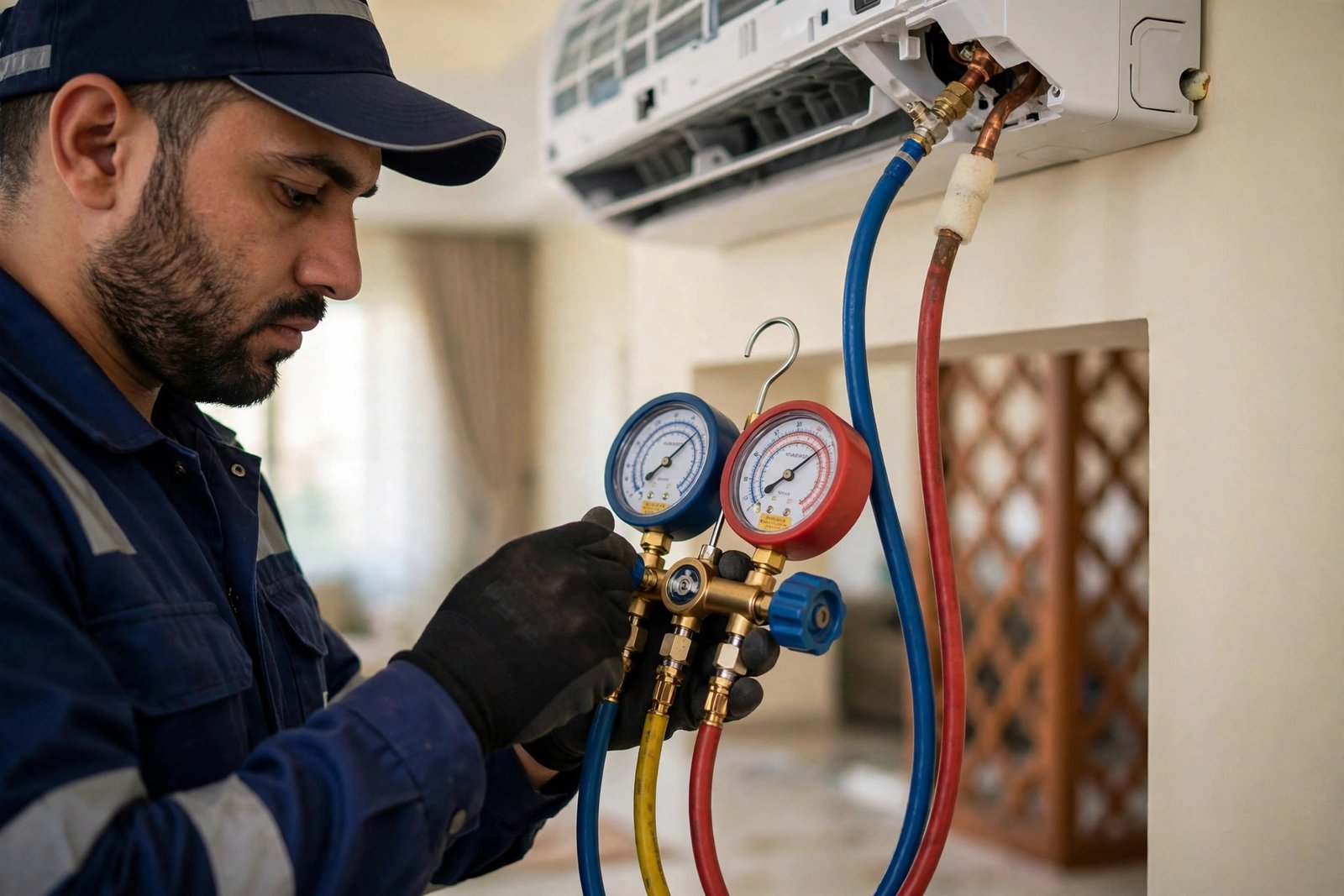 Technician pressure-testing a newly installed split AC, new AC prices in Riyadh by brand guide