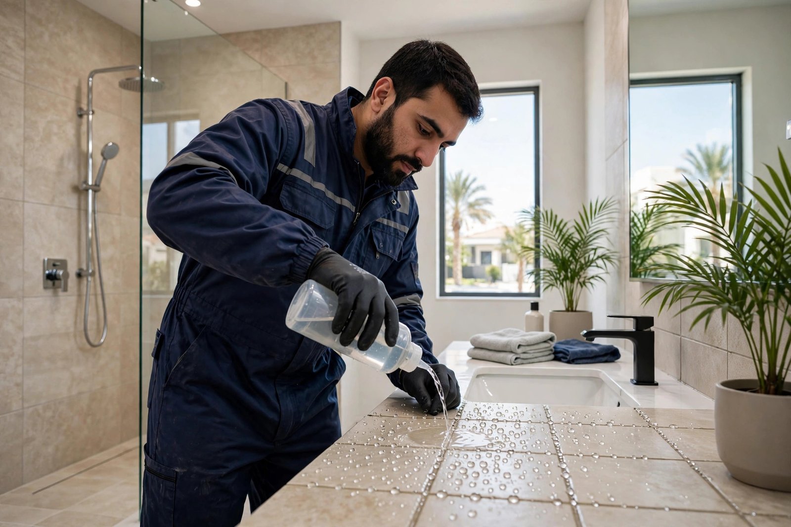 Water beading test on sealed bathroom grout lines confirming successful bathroom grout sealing in Riyadh