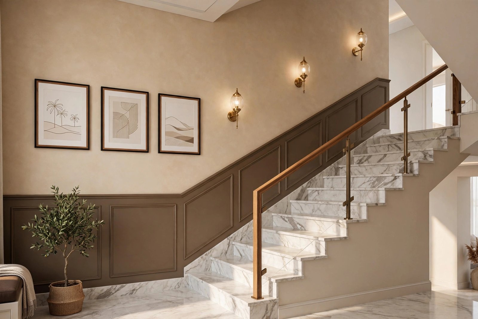 Finished staircase wall painting design in a Saudi villa: sandstone beige walls with wainscot accent and warm sconce lighting