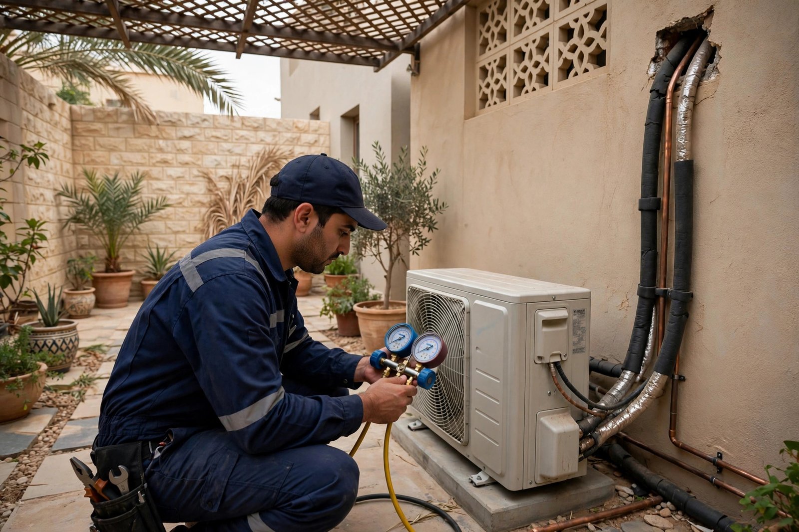 Shaded split AC outdoor unit with proper clearance, ideal outdoor unit placement in a Riyadh villa courtyard