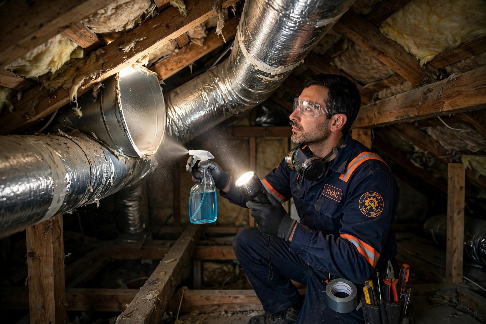 Central AC service in Riyadh: technician inspecting and sanitizing home ductwork