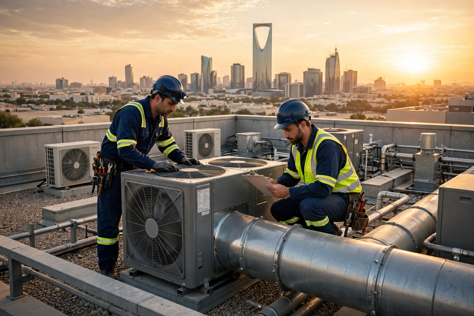 Two certified technicians inspecting rooftop AC units, trusted rooftop AC service Riyadh for commercial buildings