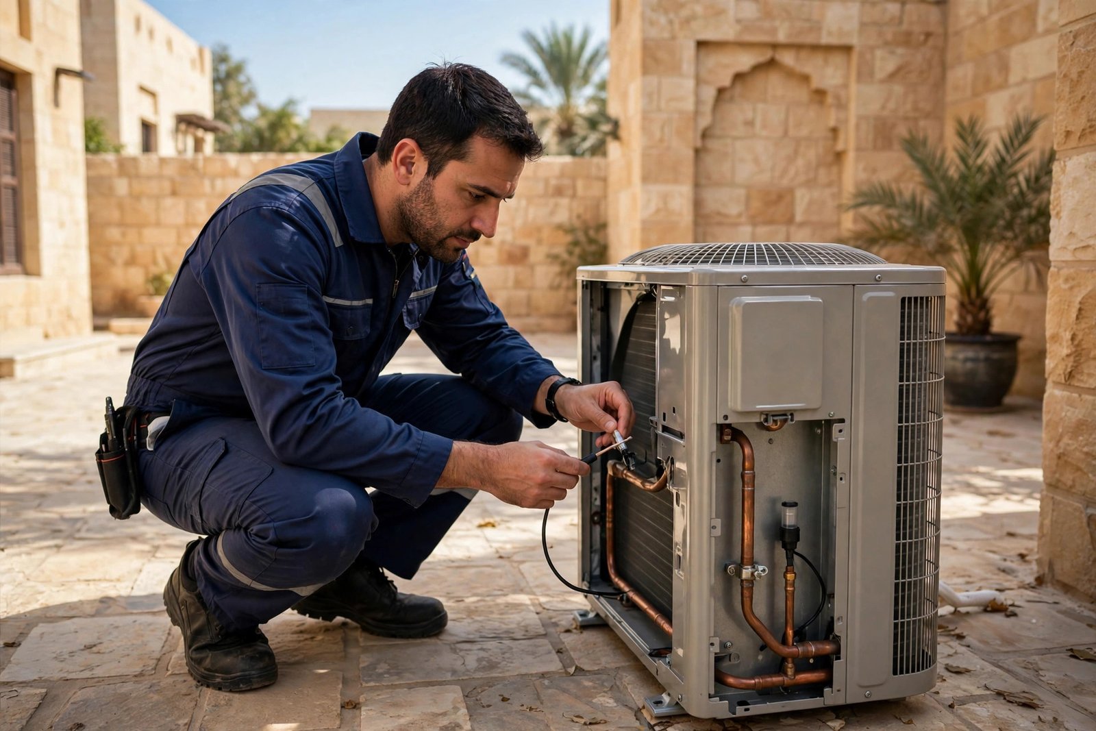 Technician checking outdoor condenser unit sensor, a frequent source of AC sensor problem symptoms