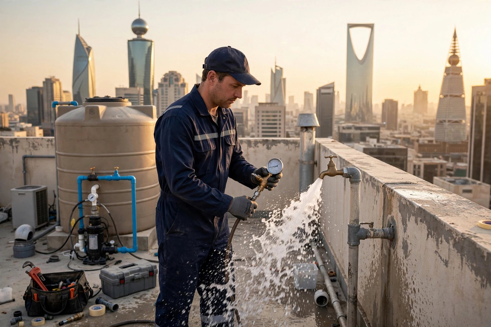 Plumber testing water pressure after a submersible pump installation in Riyadh