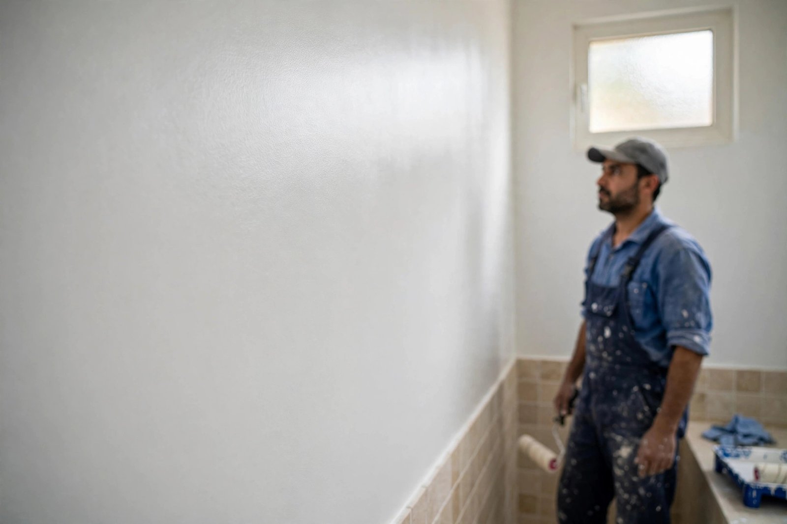 Freshly painted bathroom wall with satin anti mold bathroom paint finish in a Riyadh villa