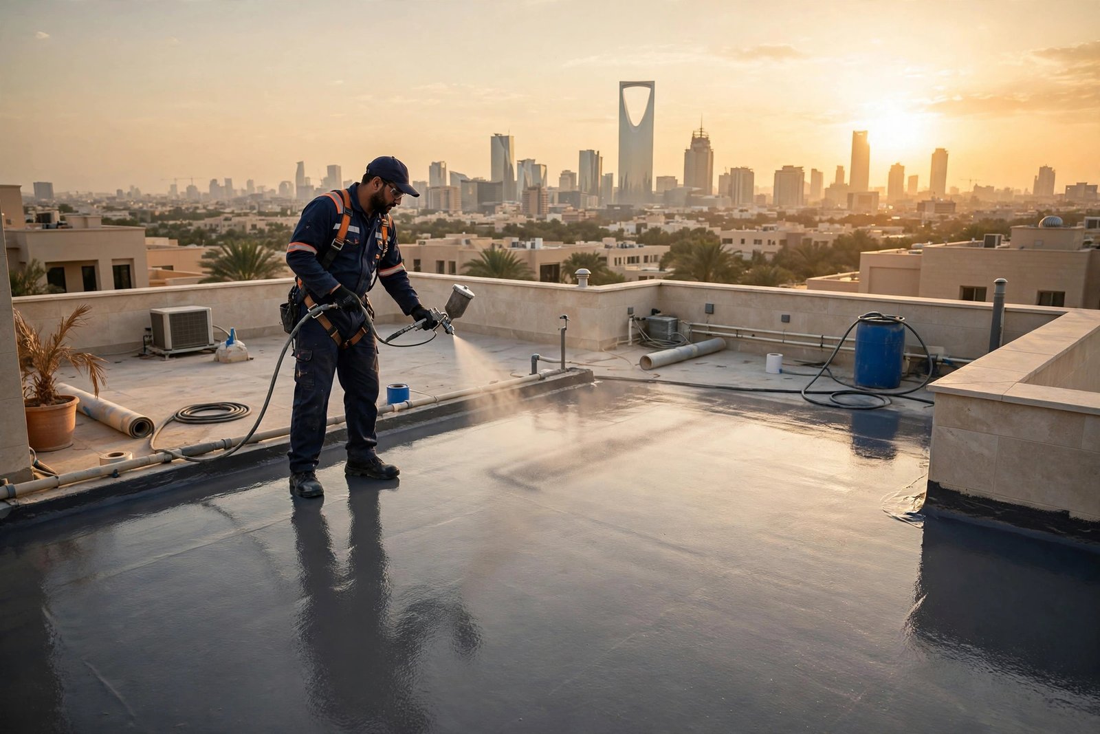 Sprayed polyurethane waterproofing benefits membrane curing on a large Riyadh roof terrace at sunset