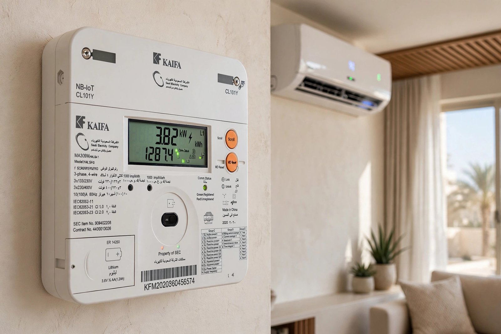 Saudi electricity meter measuring the running cost of a 1.5 ton vs 2 ton ac