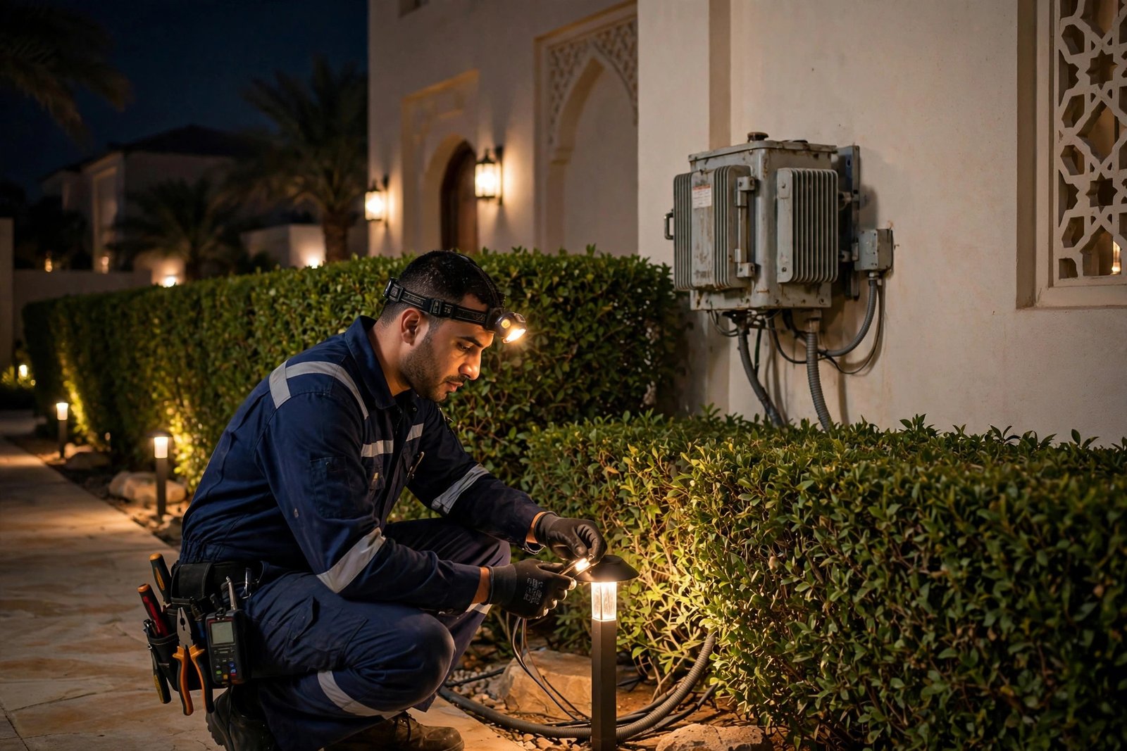 Electrician testing landscape lighting fixtures connected to a low-voltage transformer