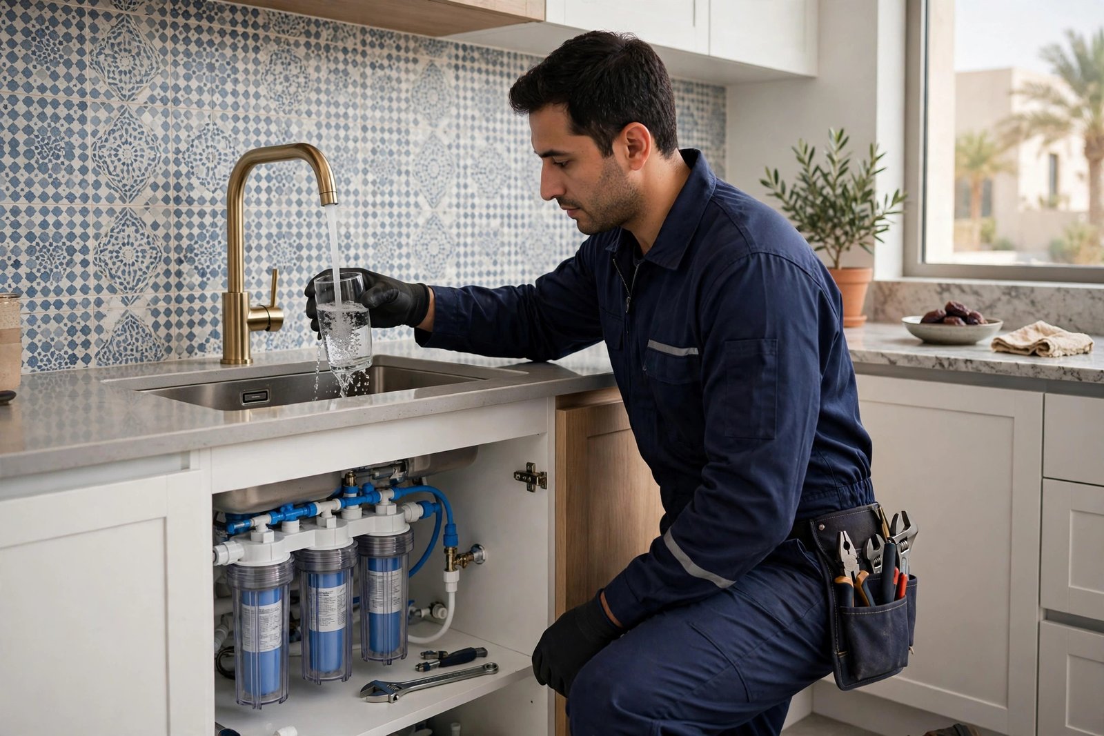 Plumber testing water after best under sink water filter Riyadh installation