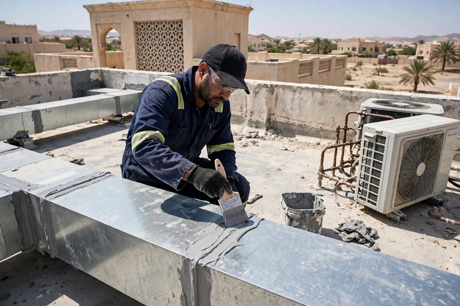 Applying mastic sealant as a permanent duct leakage fix on rooftop villa ductwork in Riyadh