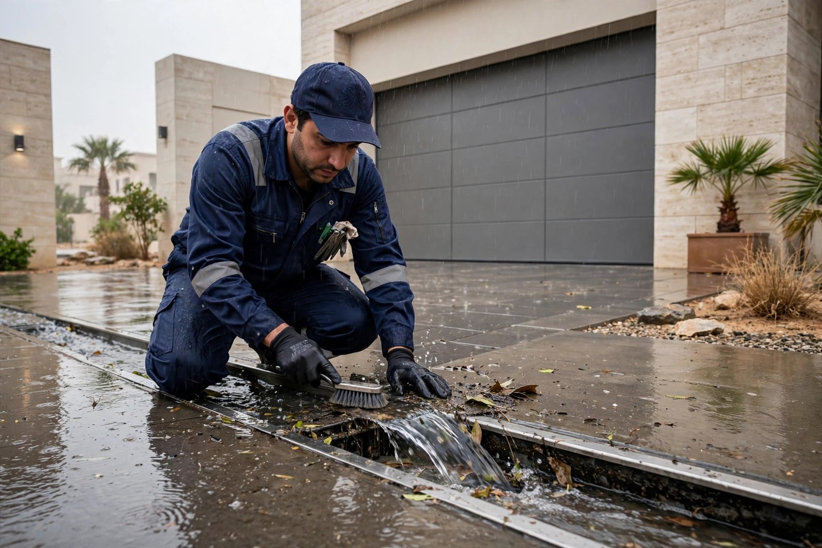 Technician clearing a driveway channel drain during rain, driveway drainage fixes in Riyadh