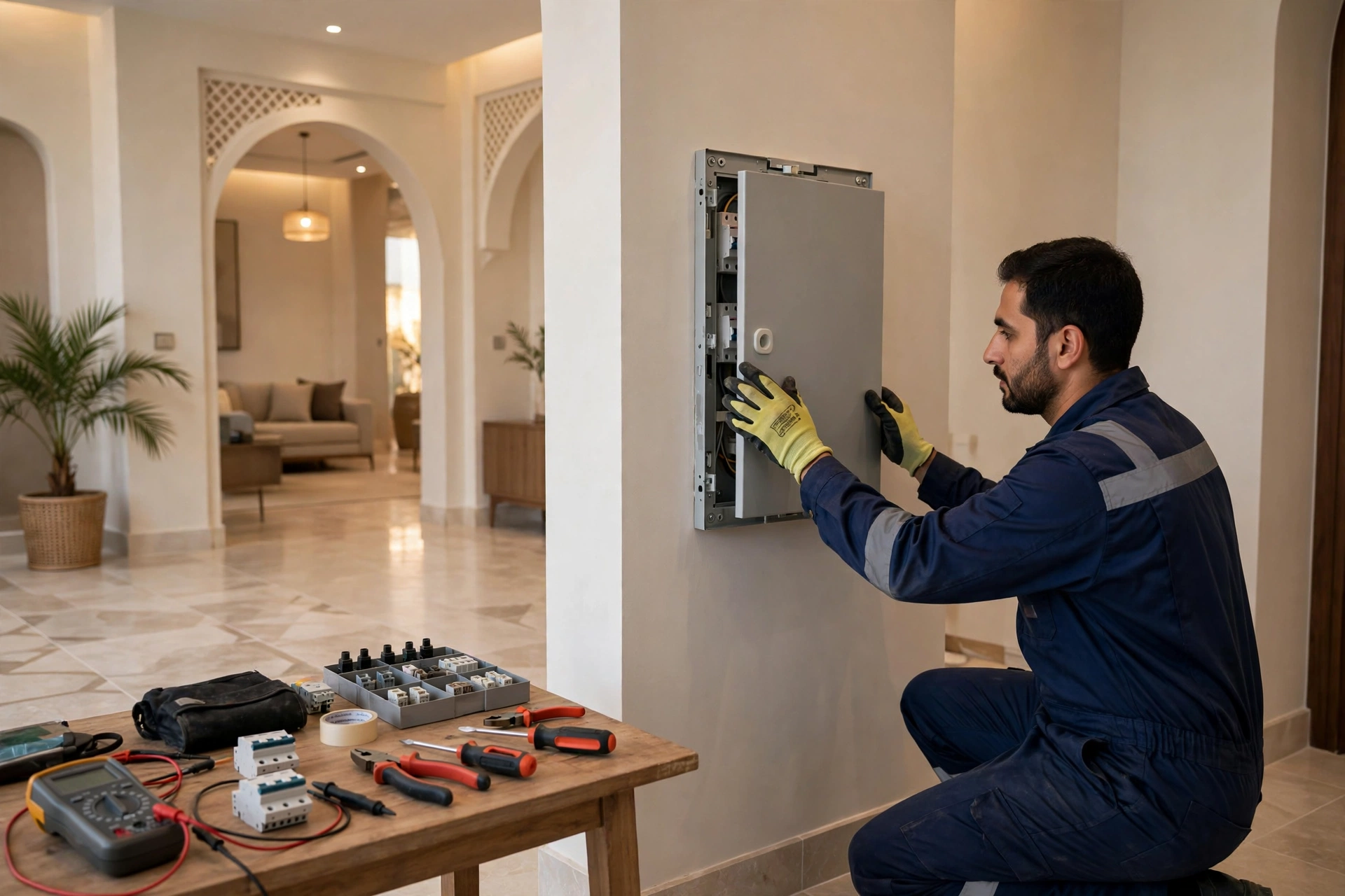 Electrician completing a breaker panel service, applying mcb vs mccb differences knowledge in a Riyadh villa