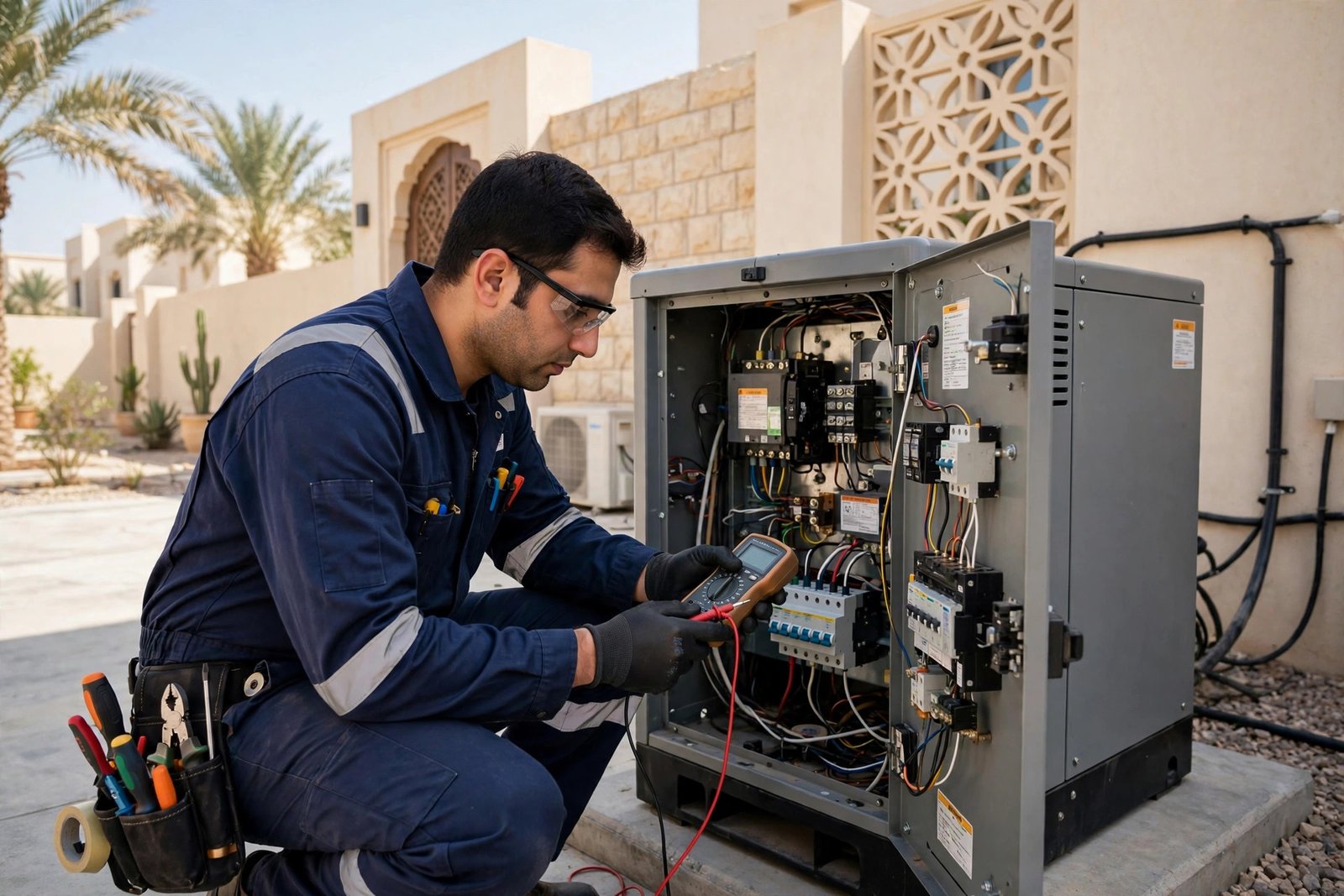 SheelTalab electrician testing generator wiring and output at a Riyadh villa