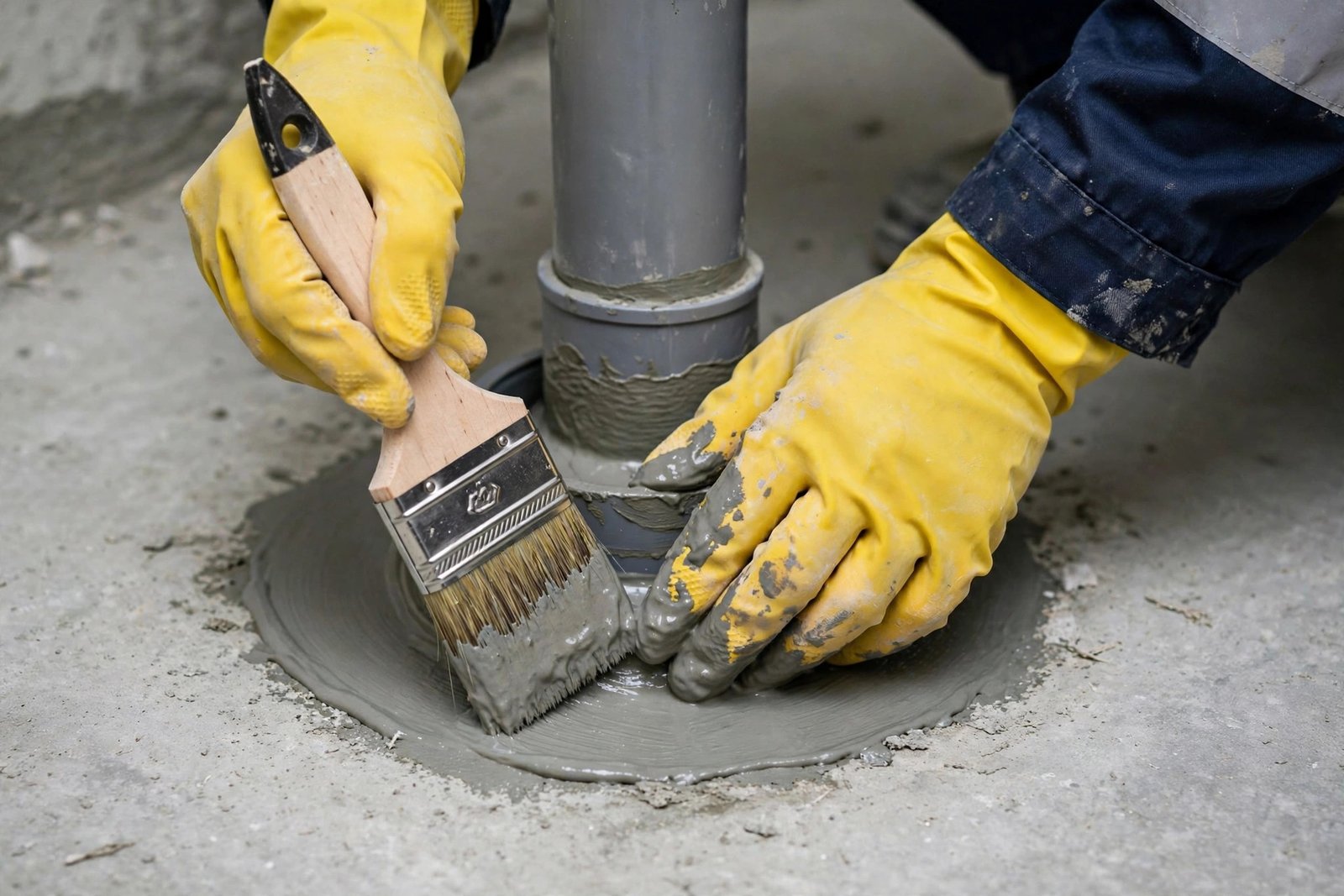 Close-up of cementitious waterproofing applied around a bathroom drain pipe
