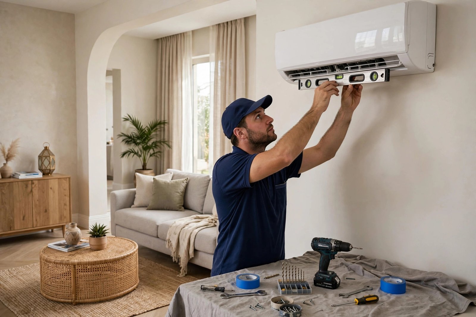 Technician using a spirit level to align a split AC indoor unit, one of the split ac installation mistakes to avoid in Riyadh