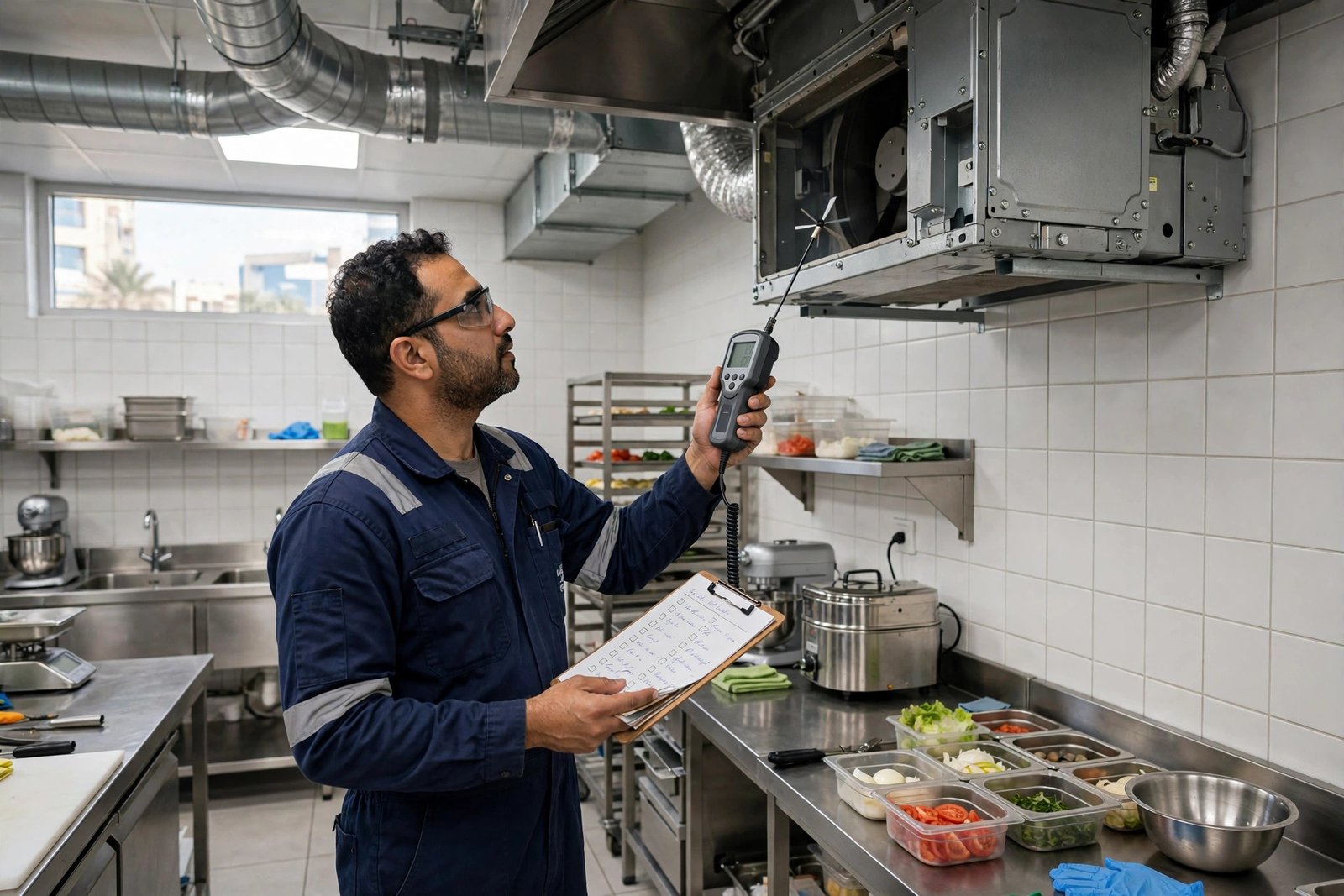 HVAC technician testing make-up air and commercial kitchen ventilation standards compliance with digital meter