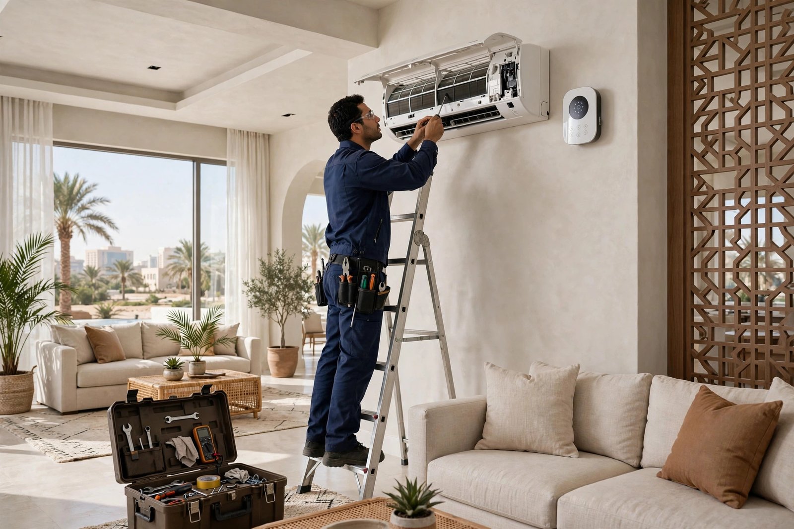 best smart ac controller riyadh: certified technician on ladder servicing split AC with smart controller mounted on the wall
