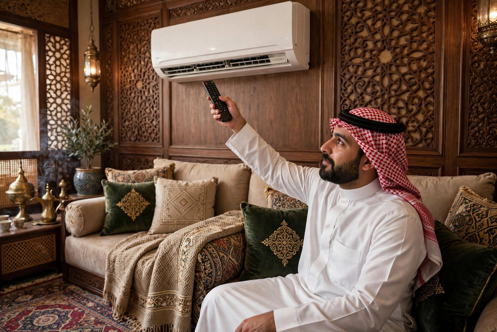 Split ac remote modes explained: Saudi man using an AC remote control in a majlis seating room with a wall-mounted split AC