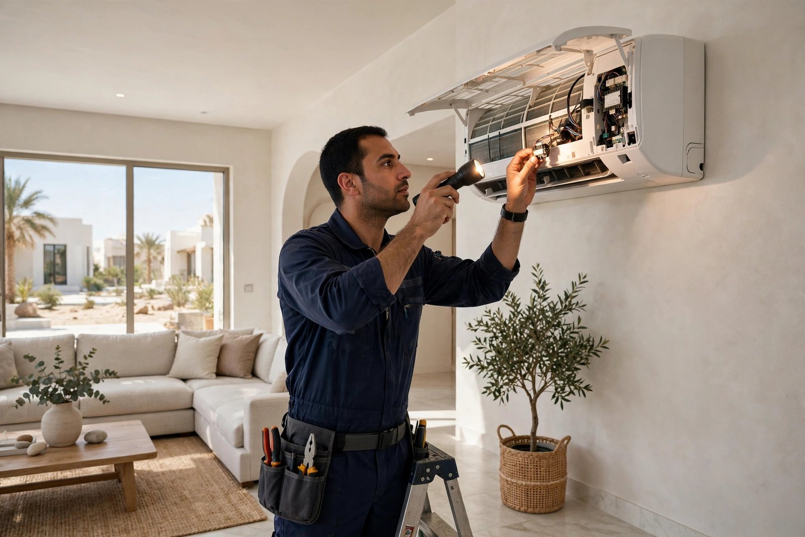 Technician checking an indoor split AC electrical connection to diagnose breaker tripping causes