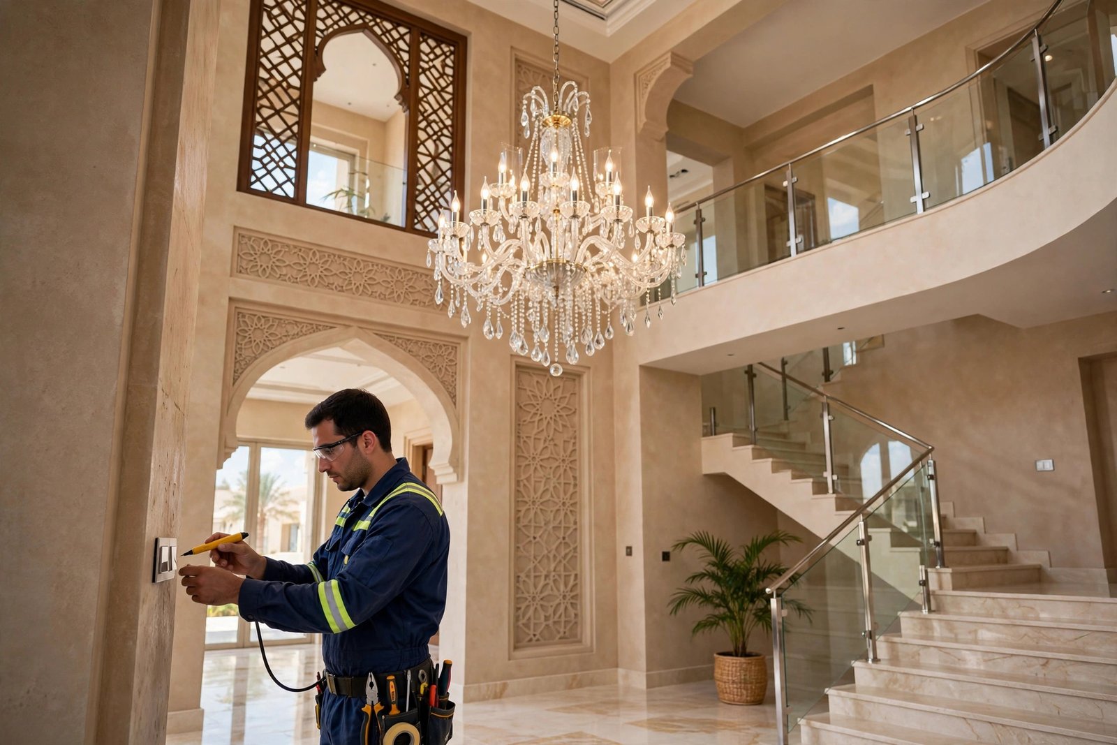 Electrician testing a newly installed chandelier light switch in a Riyadh villa entrance hall