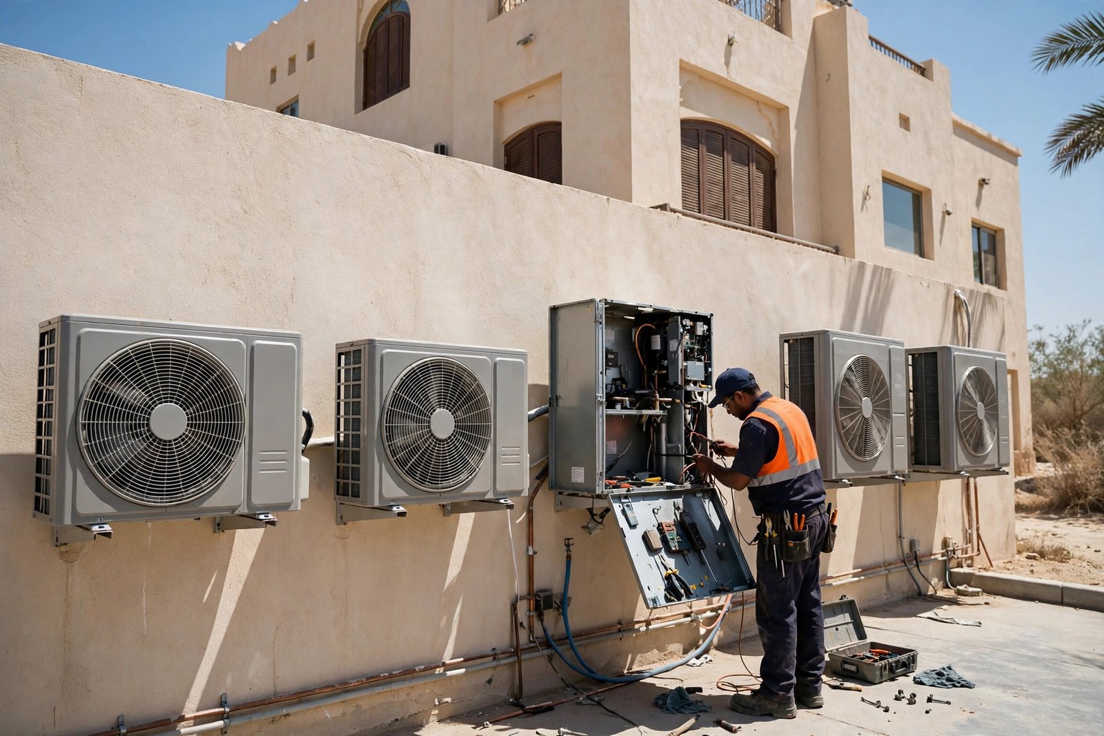 Outdoor AC condenser units in Riyadh where AC contactor problem symptoms commonly appear