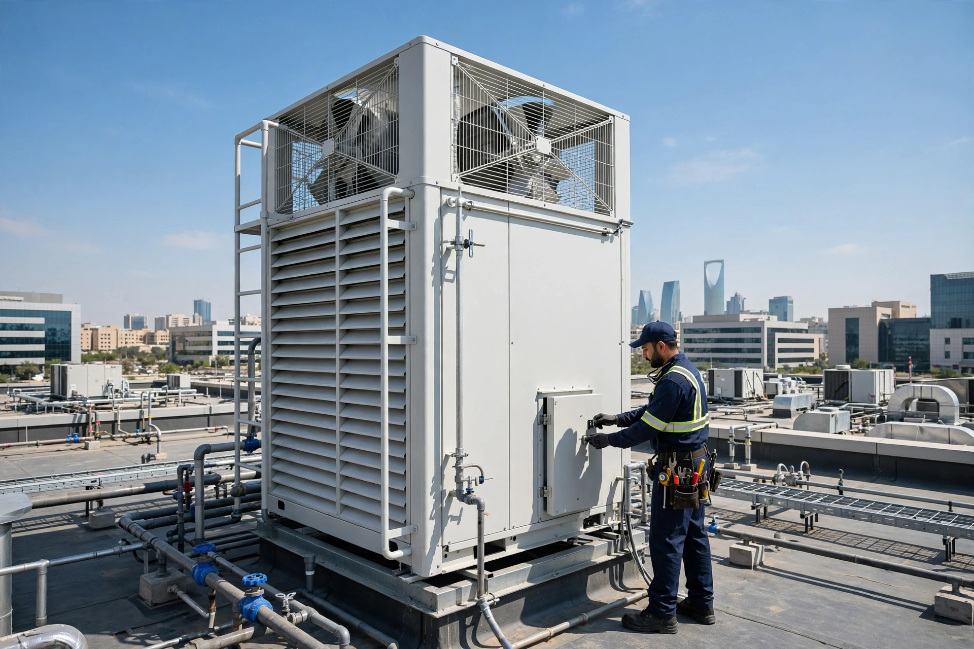 Clean commercial cooling tower on a Riyadh rooftop after professional cooling tower cleaning service