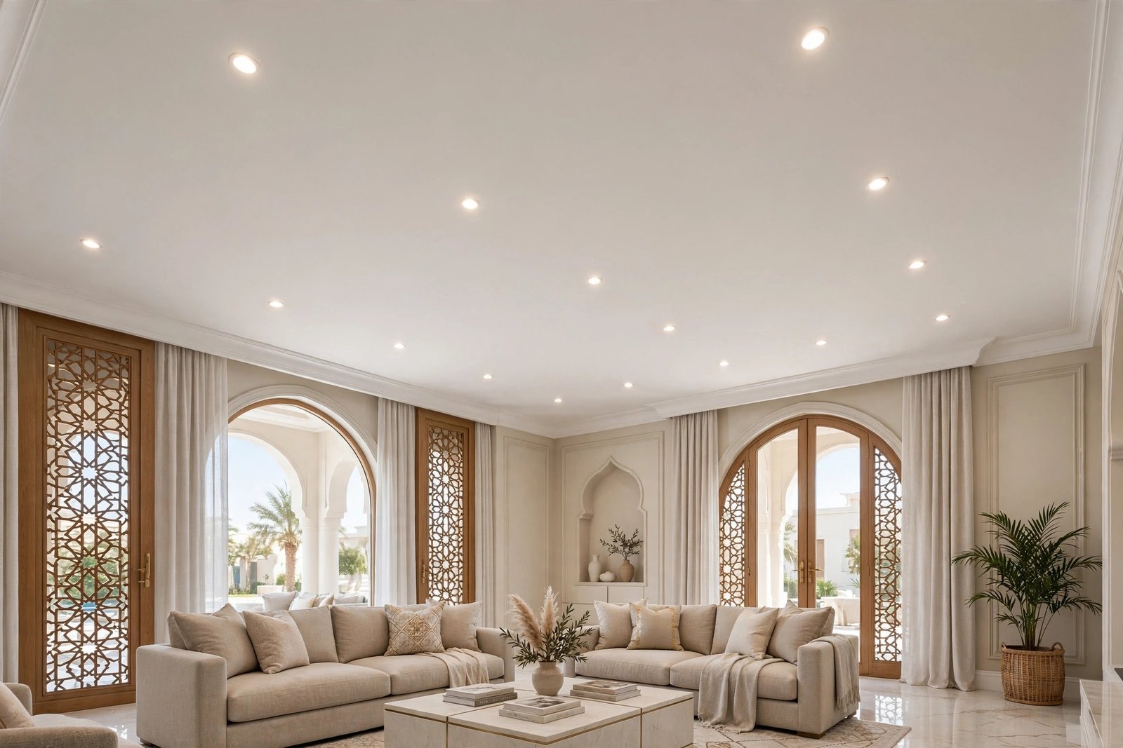Finished smooth white ceiling after ceiling painting techniques in a bright Riyadh villa