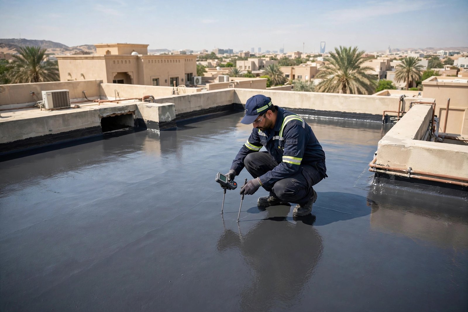 Technician inspecting finished roof waterproofing in a Riyadh villa, waterproofing cost per square meter Riyadh