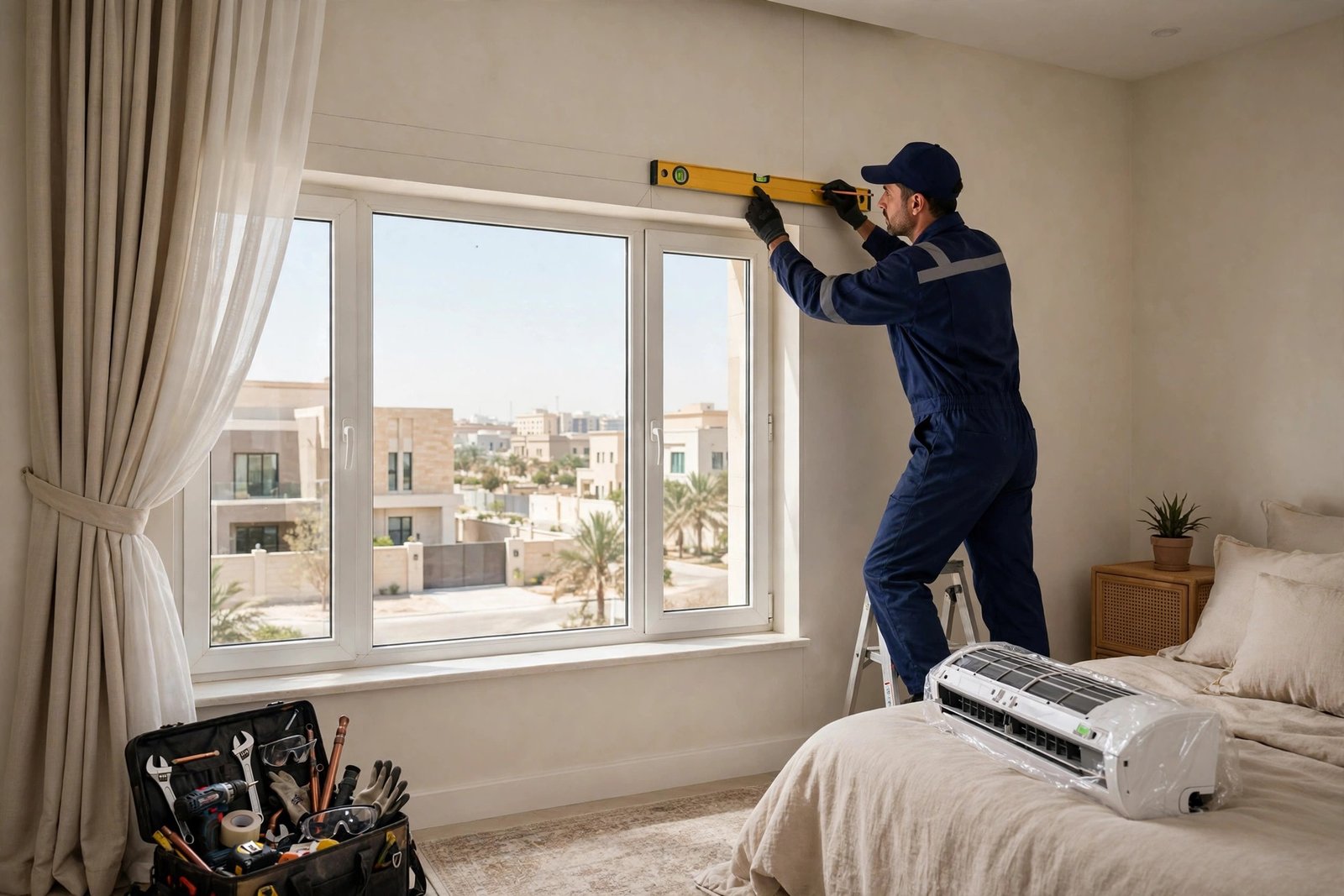 Technician leveling a split AC mounting bracket in a villa bedroom, correct AC placement installation