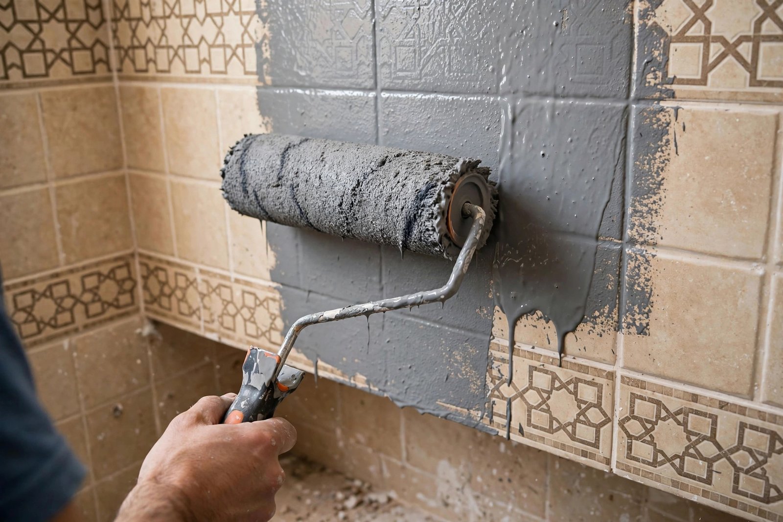 Close-up of the best waterproofing paint riyadh waterproofing membrane coating on bathroom tiles
