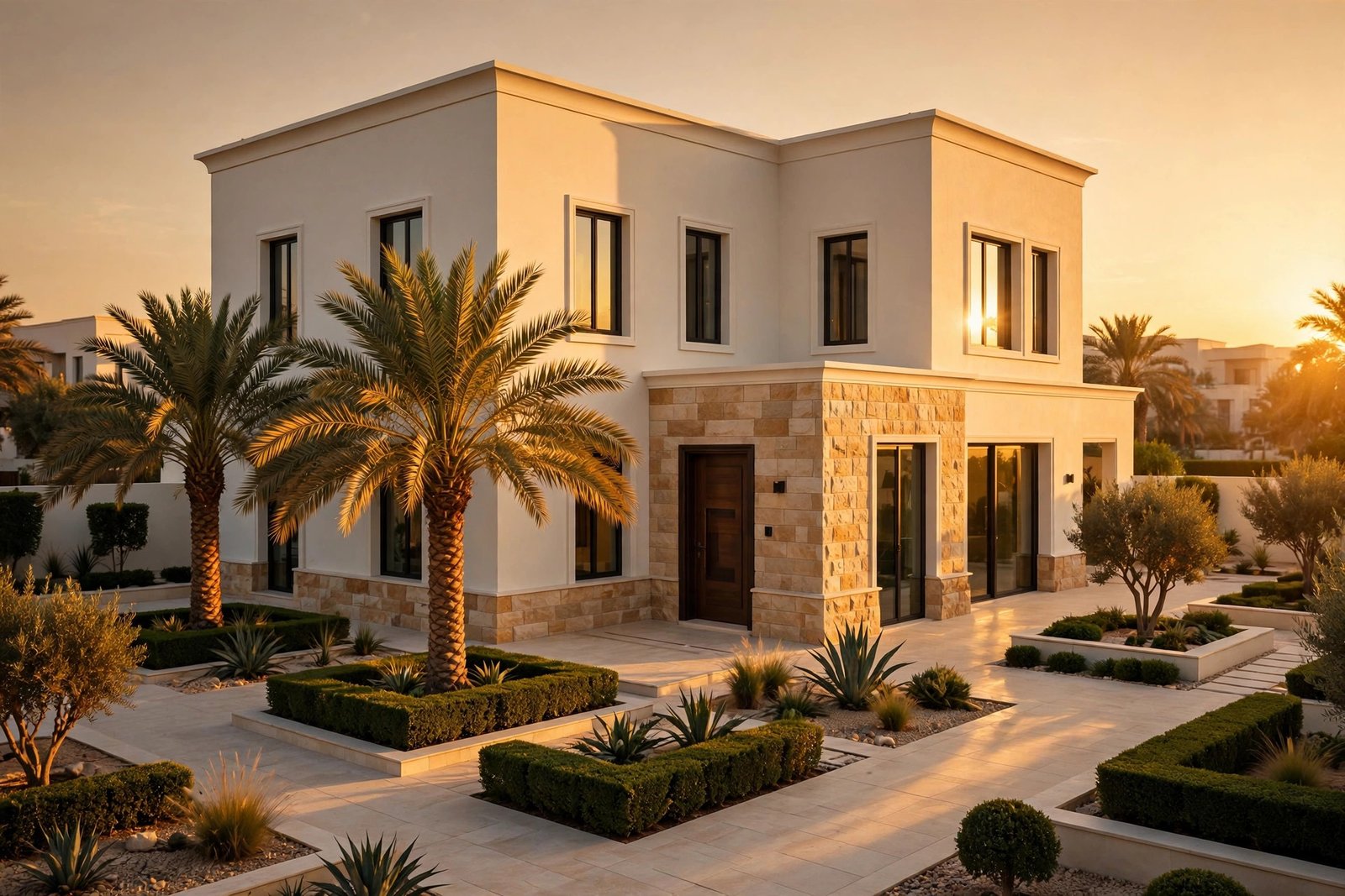 Newly repainted Saudi villa facade at golden hour after professional painters fixed all villa facade repaint signs